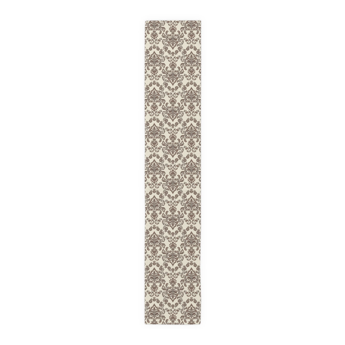Baroque Mocha table runner with a brown and beige damask floral pattern on a white background