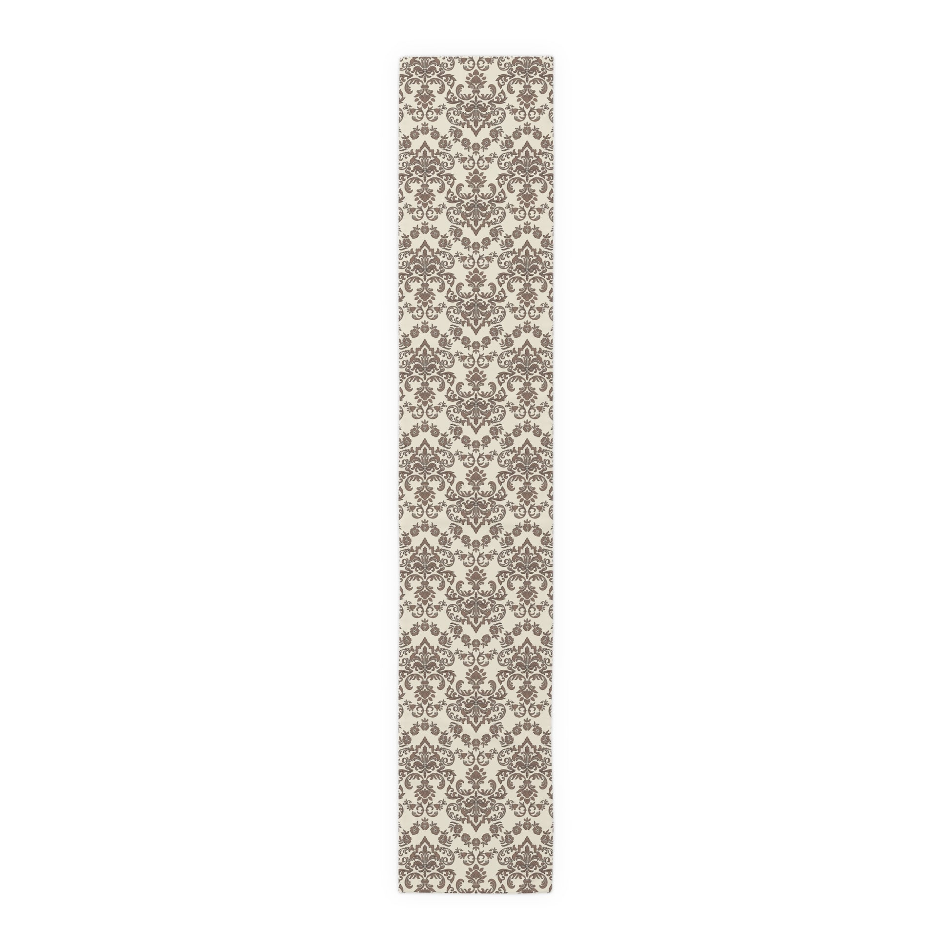 Baroque Mocha table runner with a brown and beige damask floral pattern on a white background