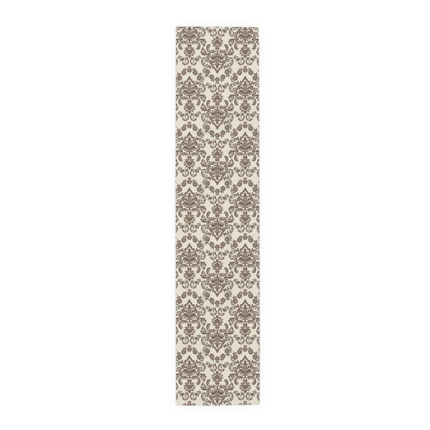 Baroque Mocha table runner with brown and beige damask pattern on a white background