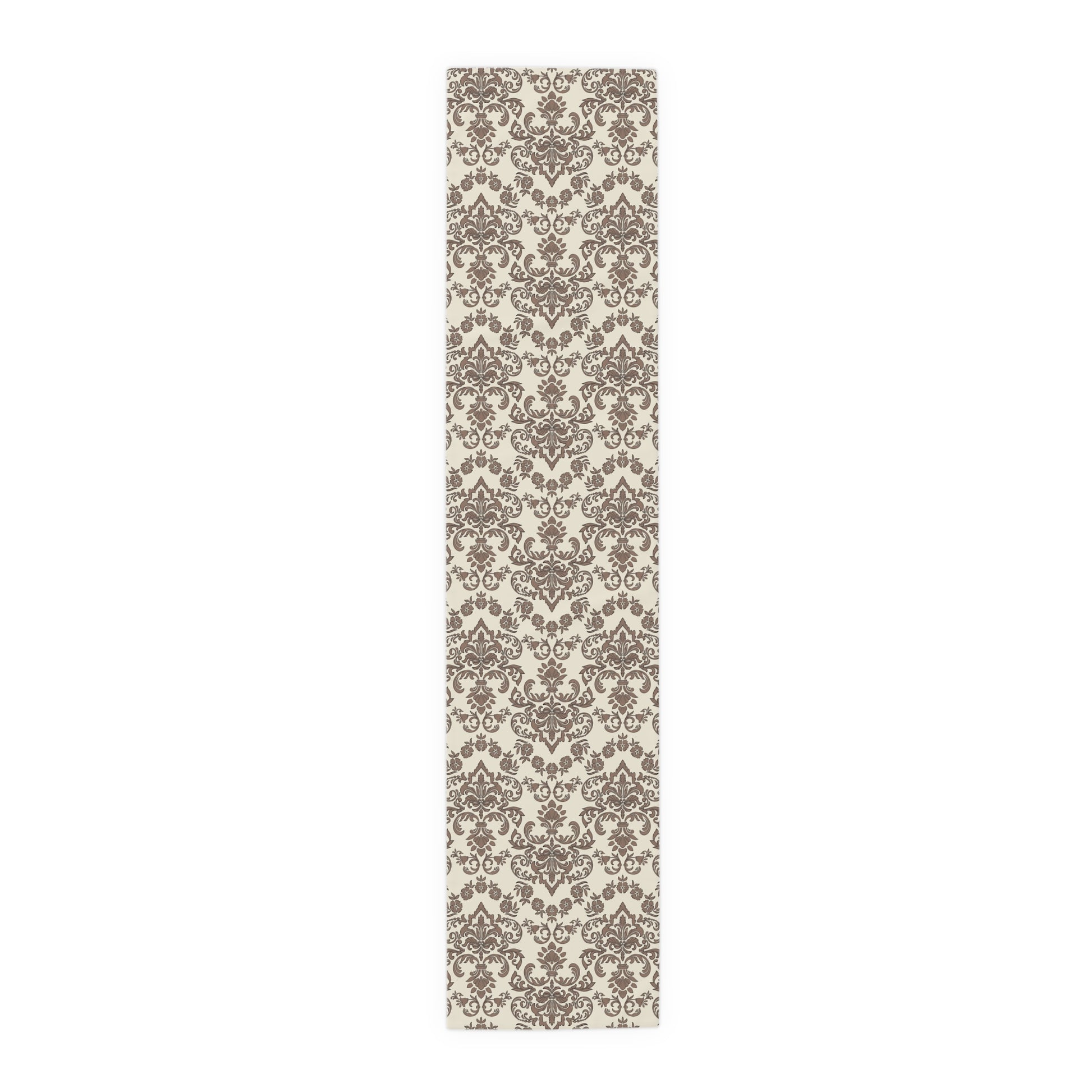 Baroque Mocha table runner with brown and beige damask pattern on a white background