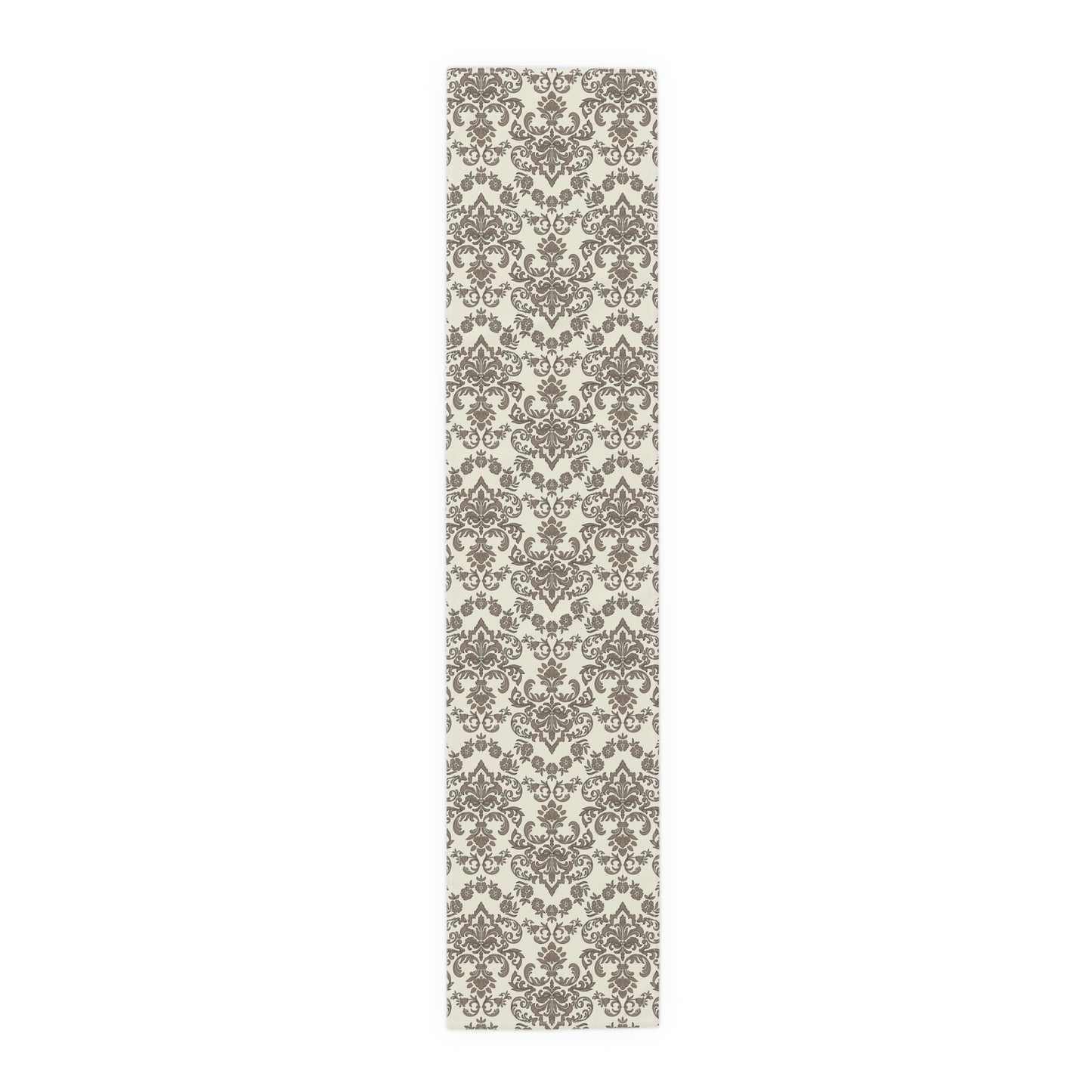 Baroque Mocha table runner with brown and beige damask pattern on a white background