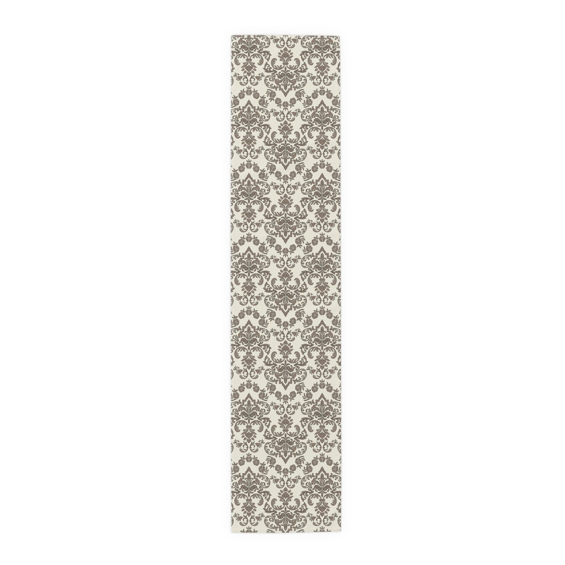 Baroque Mocha table runner with brown and beige damask pattern on a white background