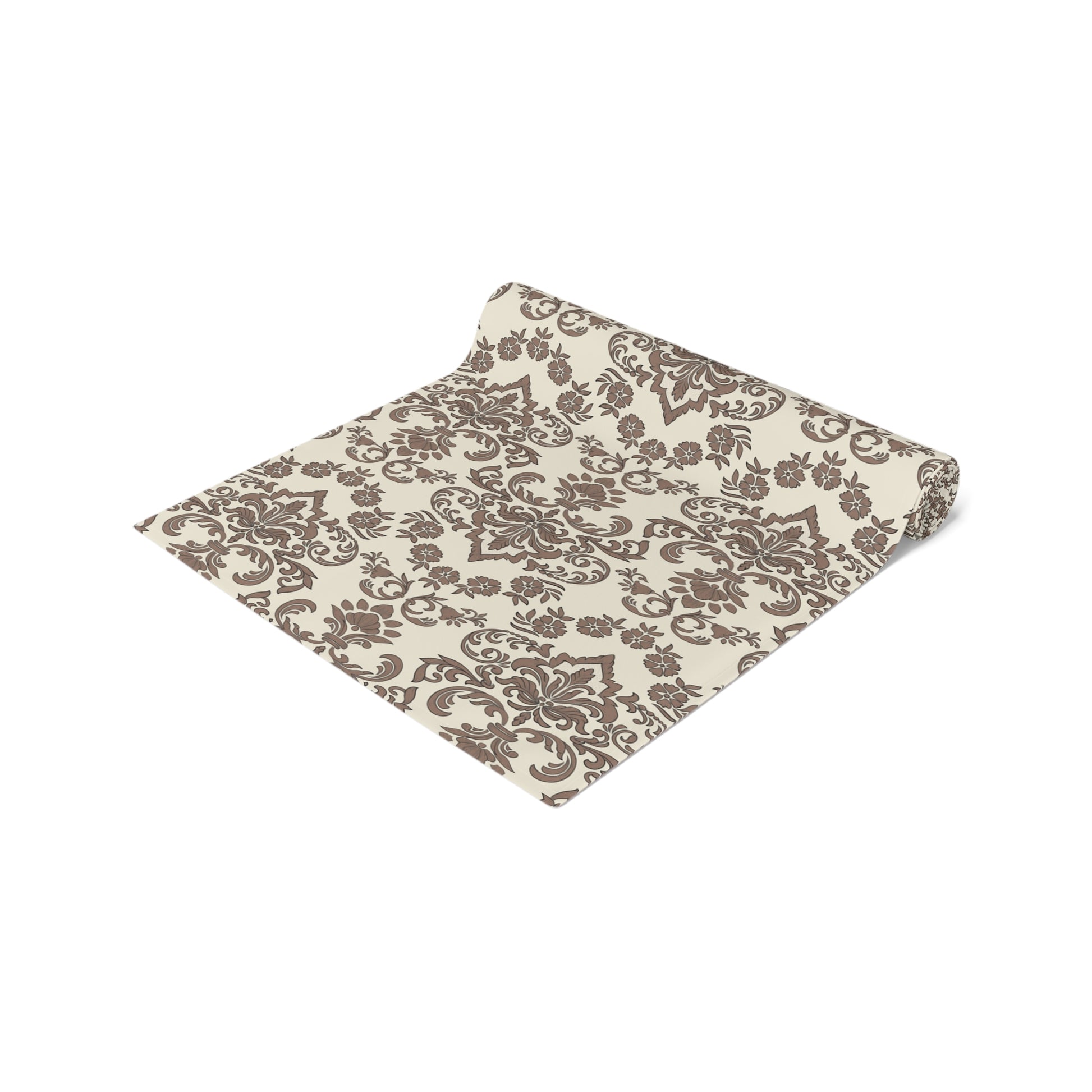 Baroque Mocha table runner with brown and beige damask pattern in a roll on a white background