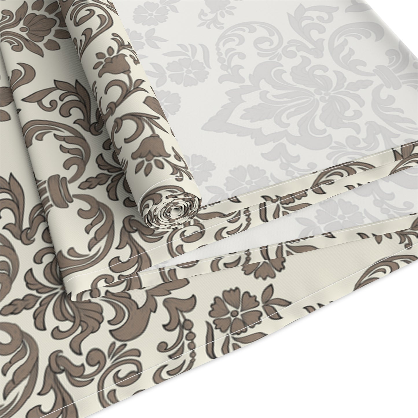 Baroque Mocha polyester table runner in a roll with a brown and beige damask pattern on a white background