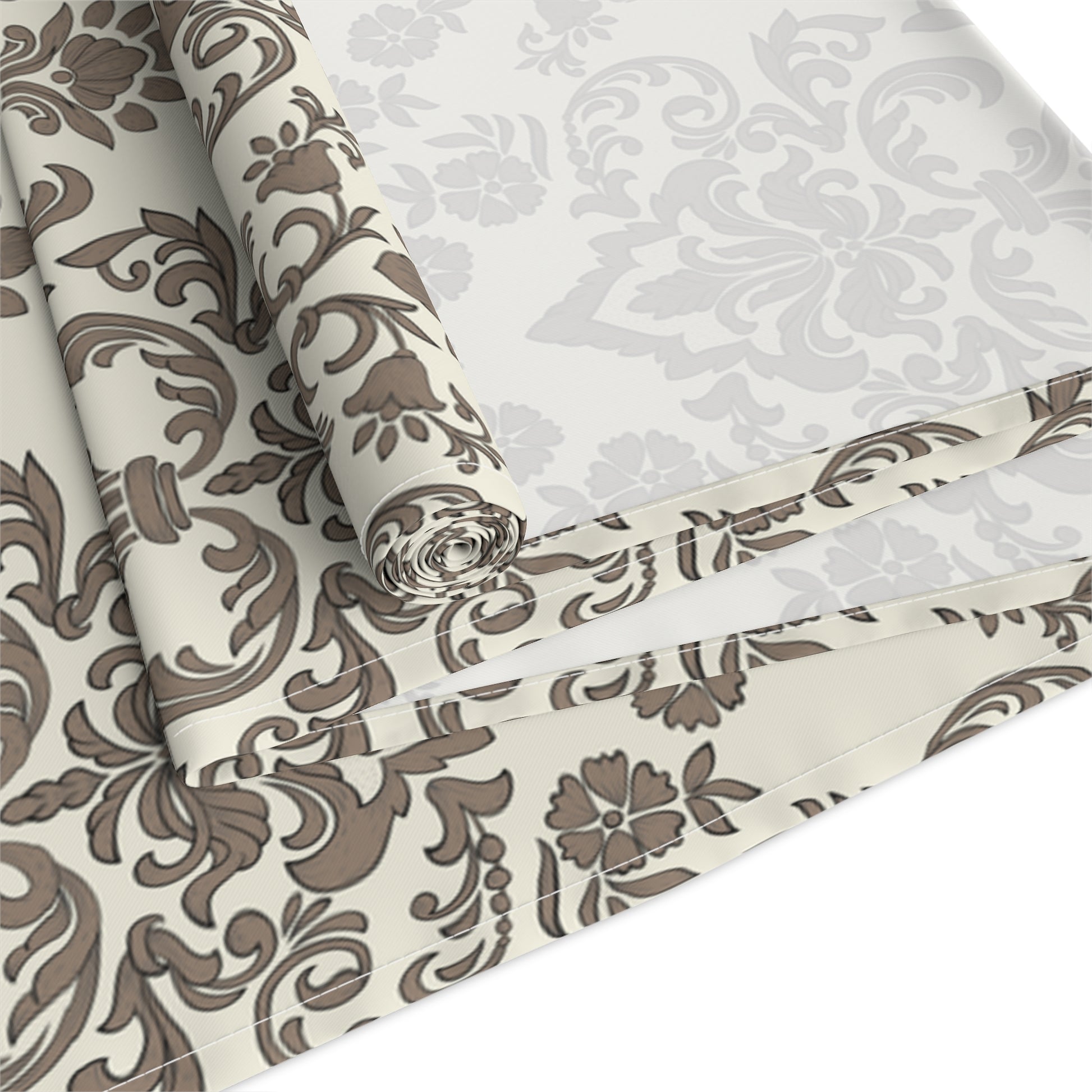 Baroque Mocha polyester table runner in a roll with a brown and beige damask pattern on a white background