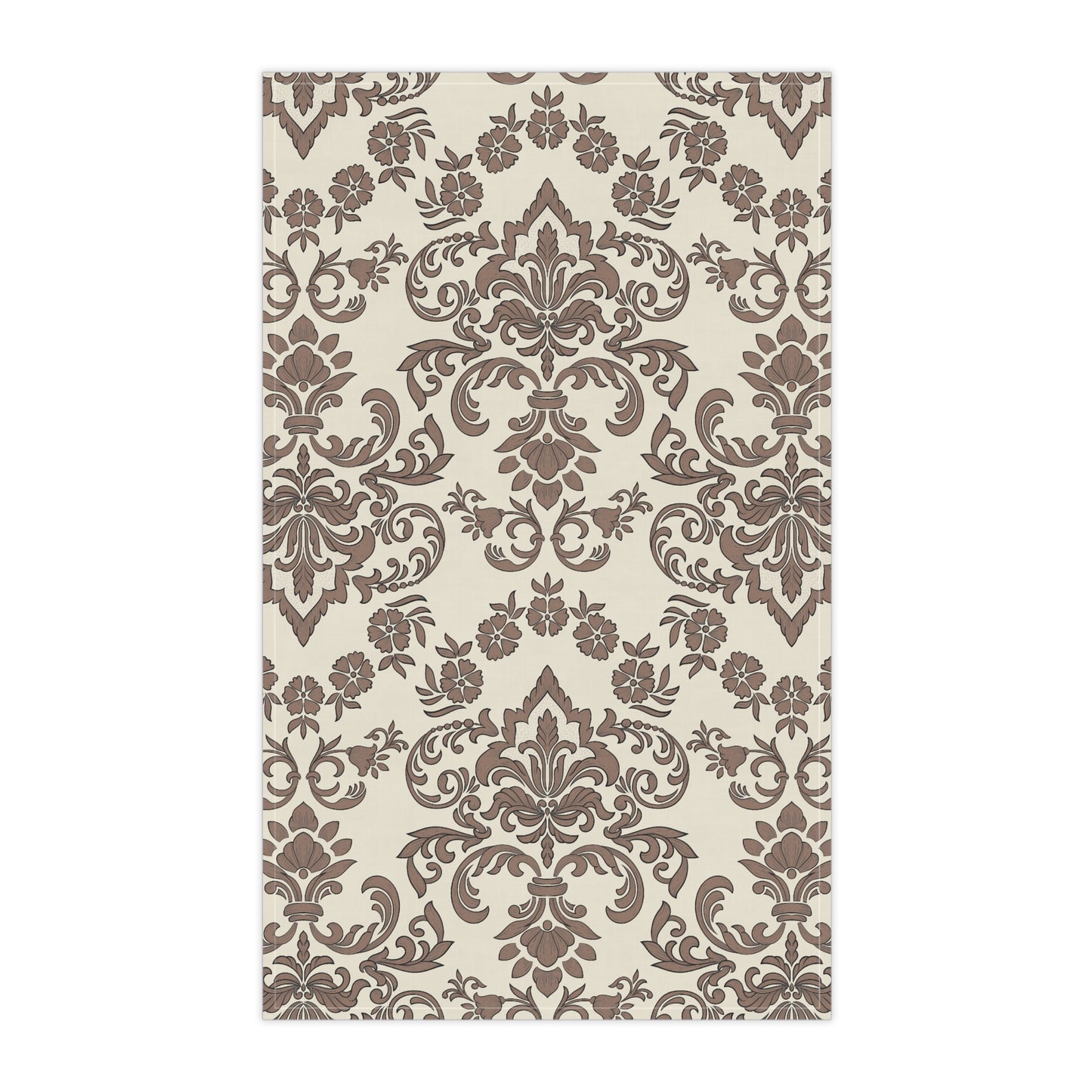 Decorative kitchen tea towel with brown floral pattern on a beige background
