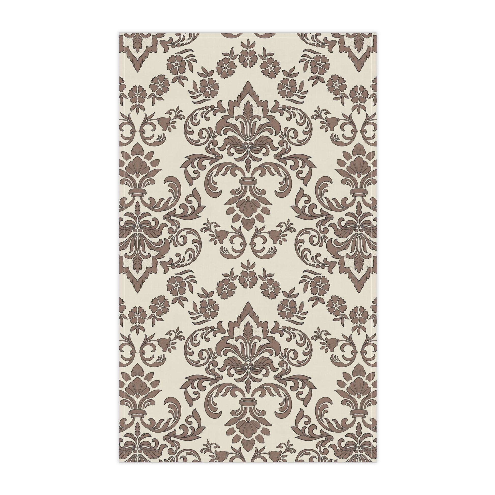 Decorative kitchen tea towel with brown floral pattern on a beige background