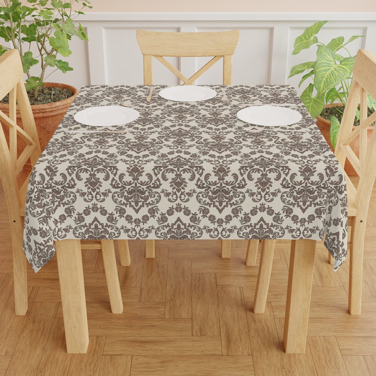 Baroque Mocha Tablecloth, 100% Cotton Twill Tablecloth, 58" × 58" and 58" × 102" Sizes, Vintage Damask Style Tablecloth, Thanksgiving Tablecloth, Fall / Brown Tablecloth, Wedding Table Linen