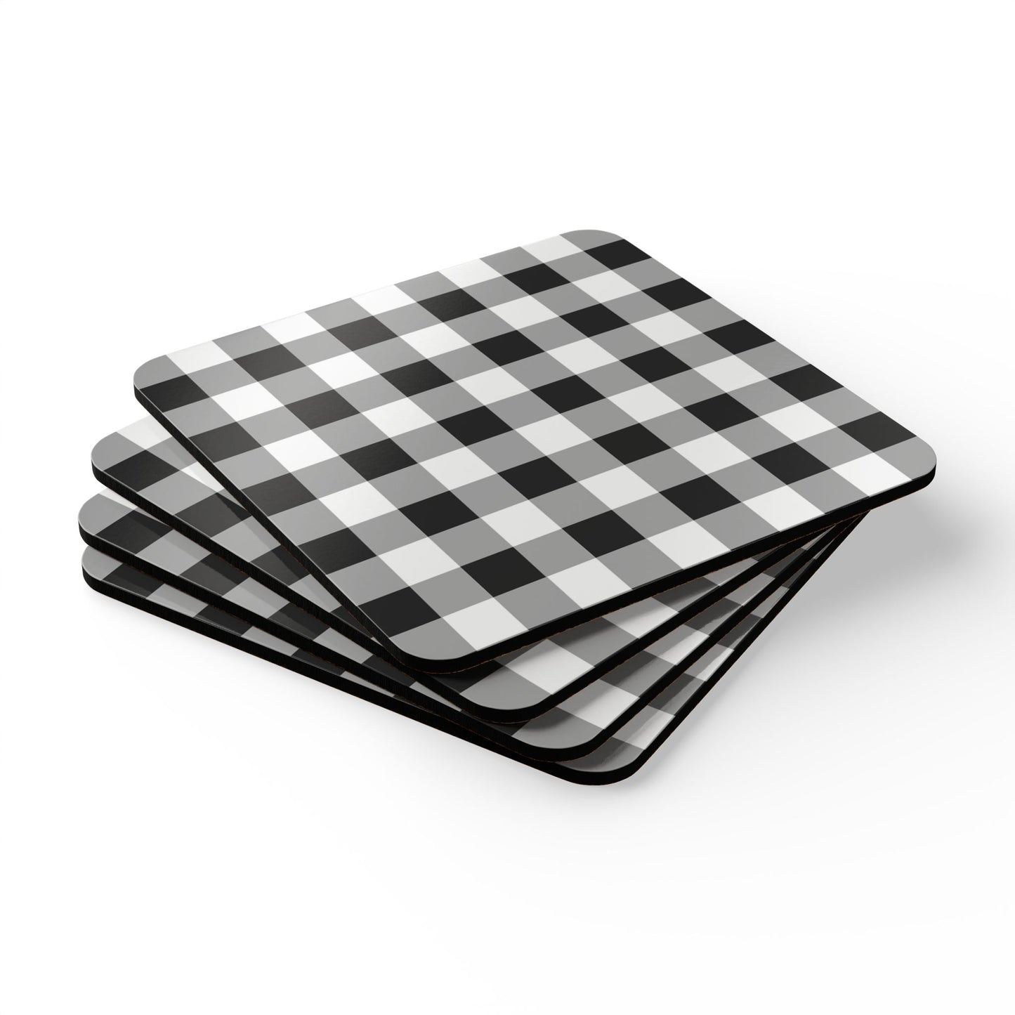 Four black and white checkered gingham coasters stacked on a white background