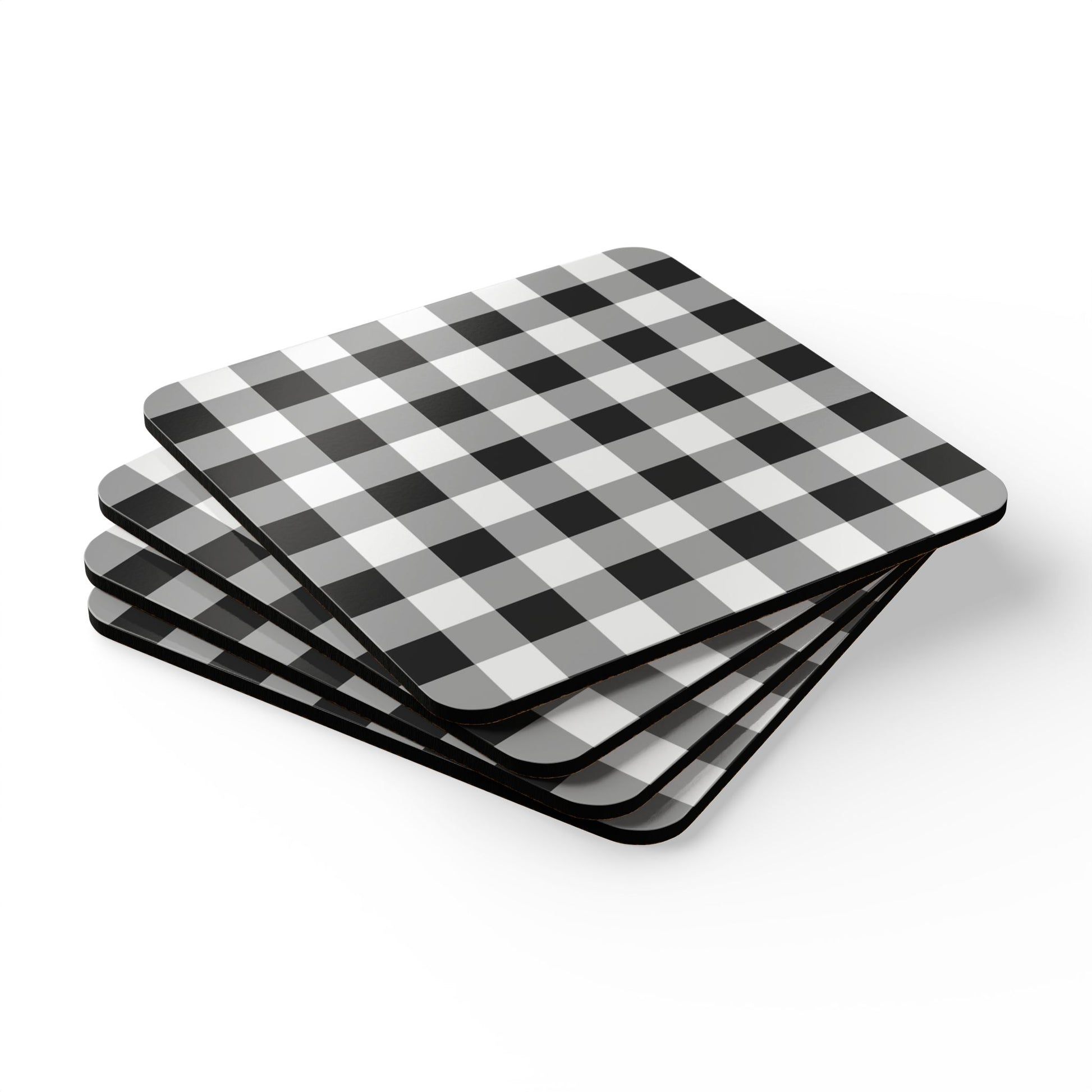 Four black and white checkered gingham coasters stacked on a white background