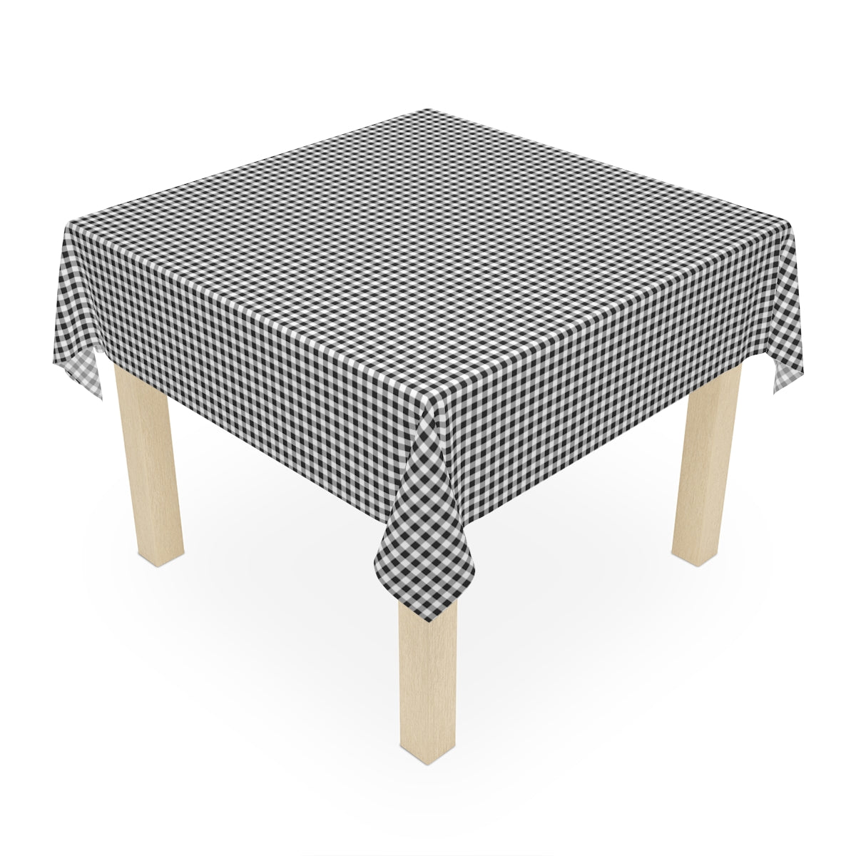 Small wooden table with a black and white checkered gingham tablecloth on a white background