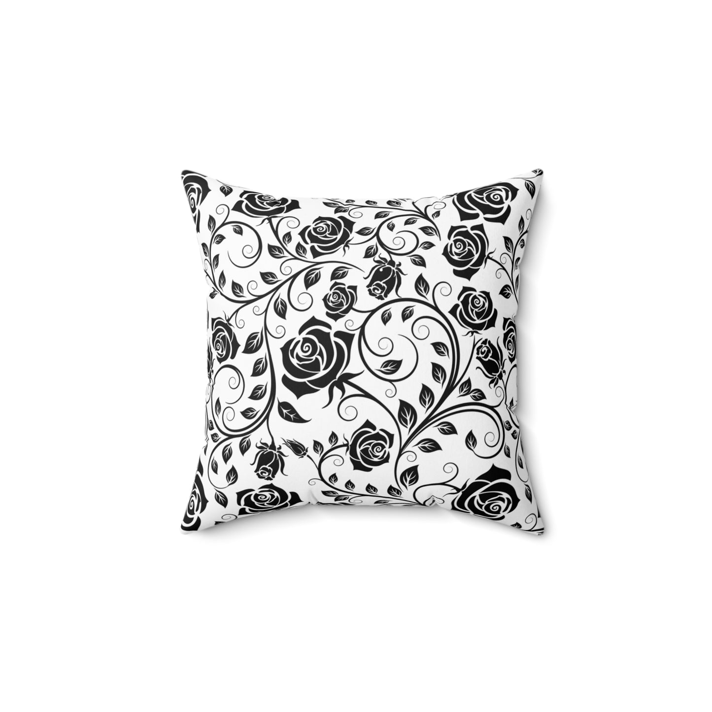 Decorative pillow with black floral pattern on a white background