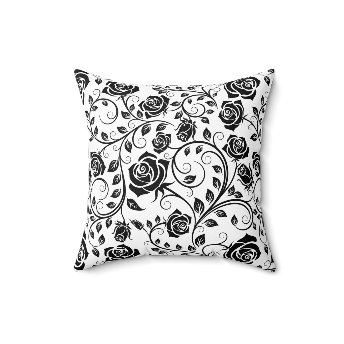 Decorative pillow with black floral pattern on a white background