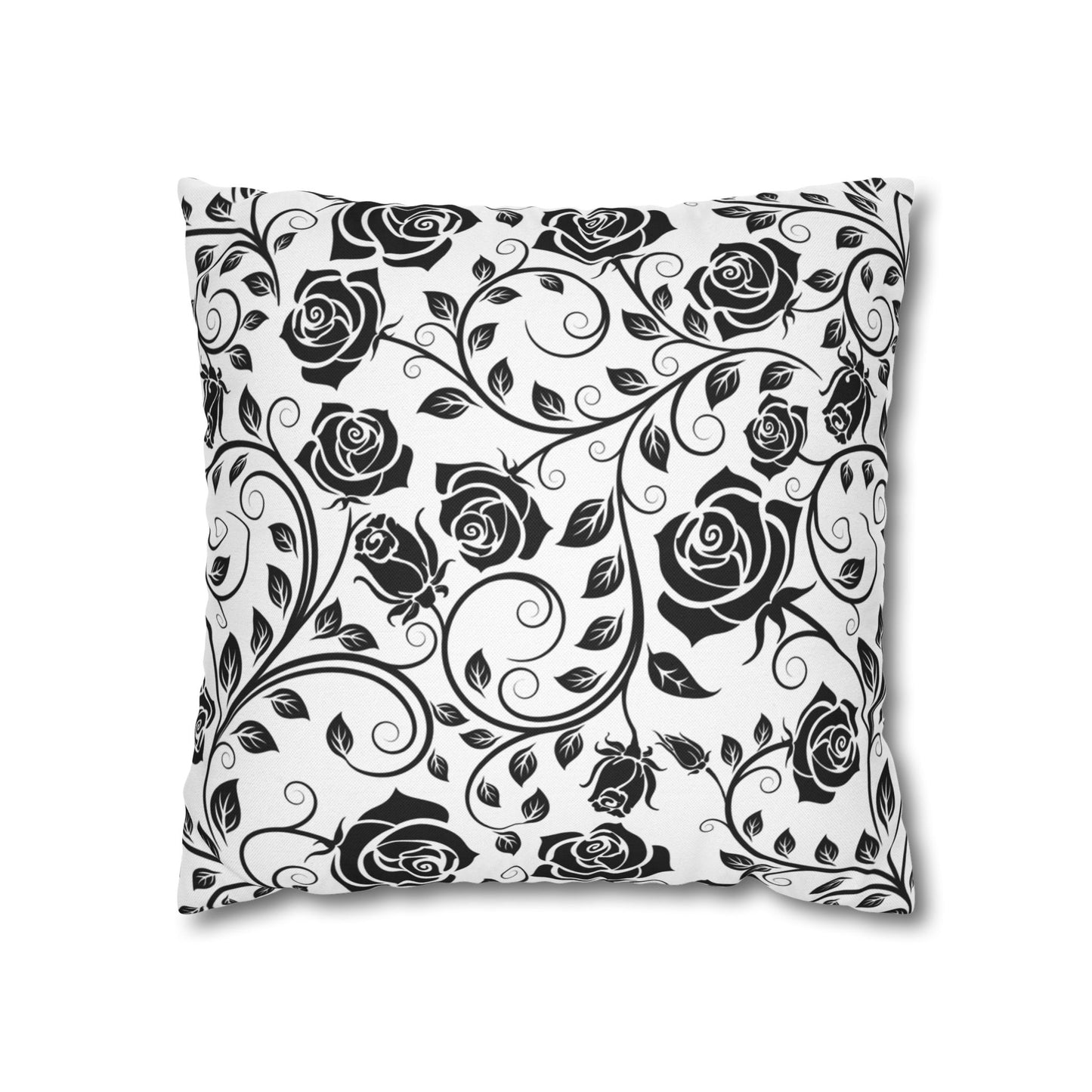 Decorative pillowcase with black rose pattern on a white background