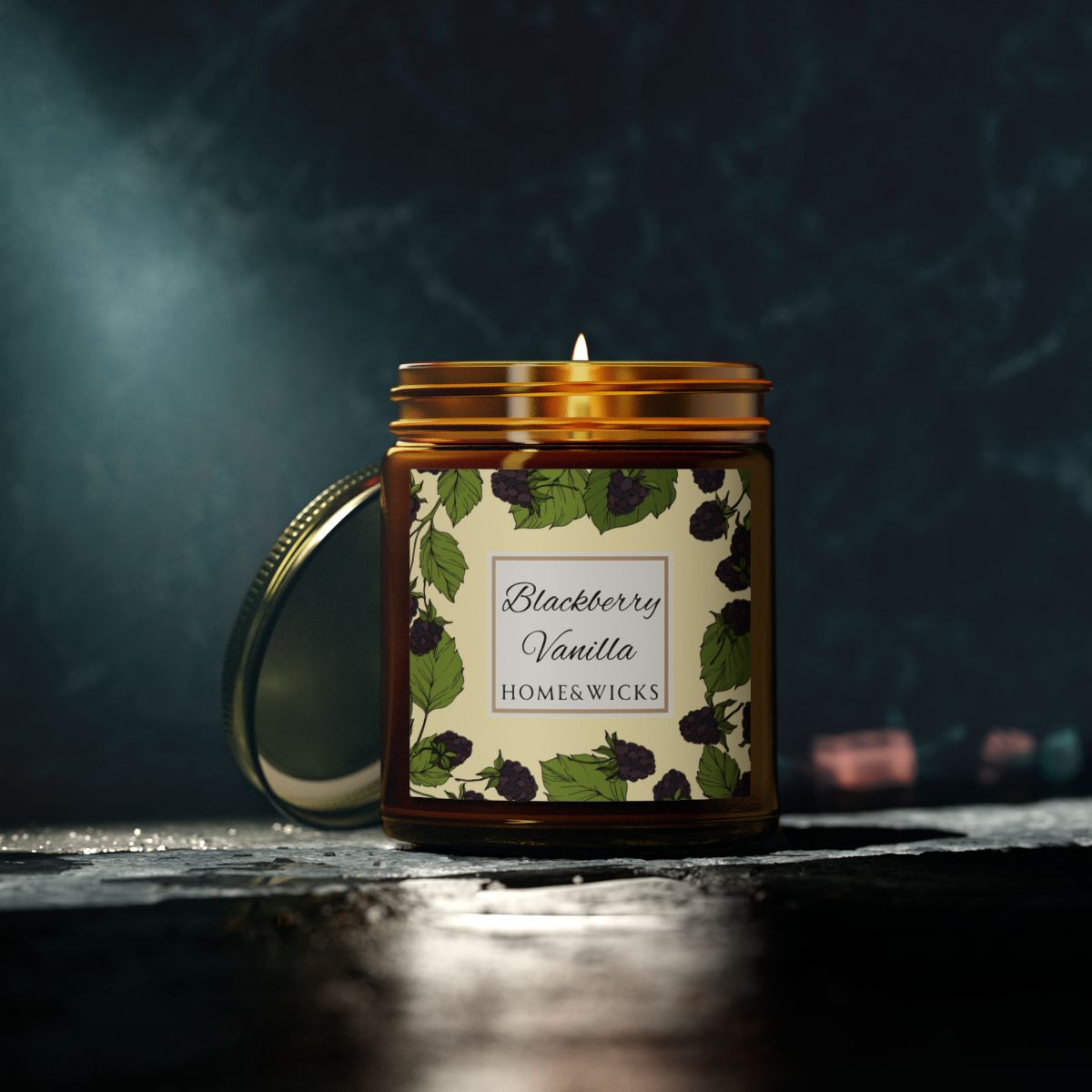 Blackberry Vanilla Coconut Apricot Wax Candle, 9 oz Amber Jar, Gold Wood Lid - Fruity Scented Candle, Fruit Decor Gift, Cozy Aromatherapy