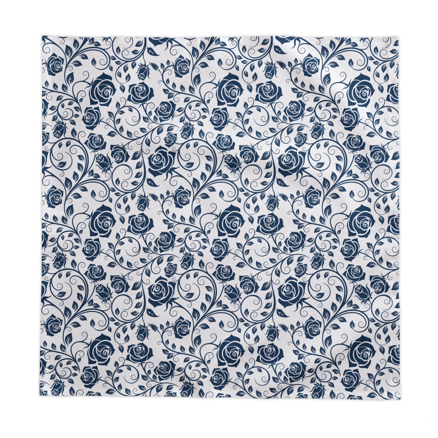 Navy blue floral pattern square tablecloth on a white background
