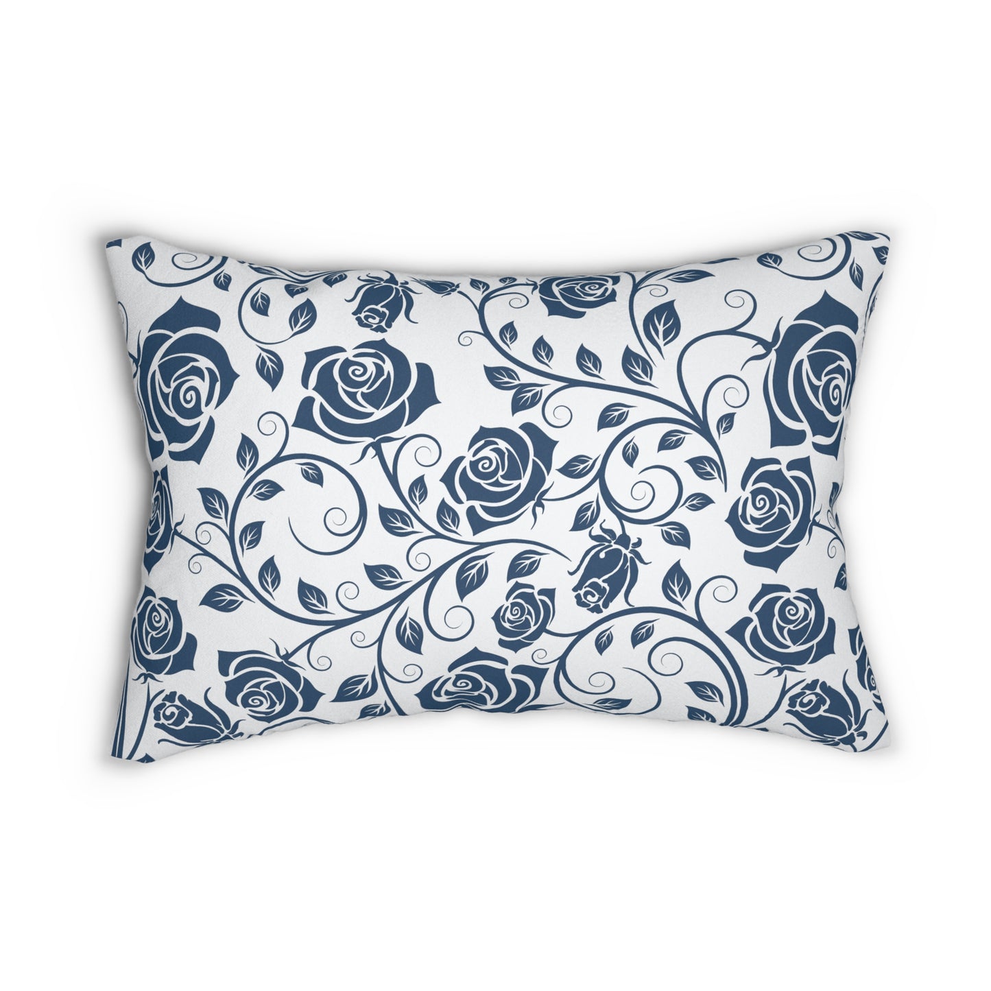 Decorative lumbar pillow with blue rose pattern on a white background