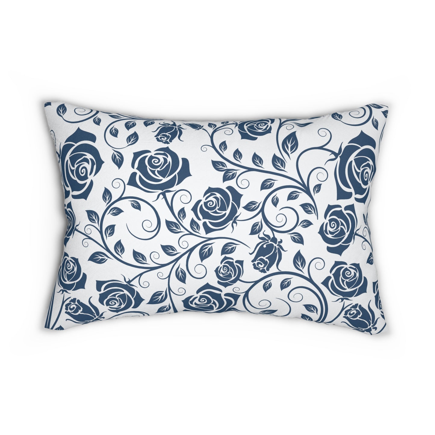 Decorative pillow with blue rose pattern on a white background