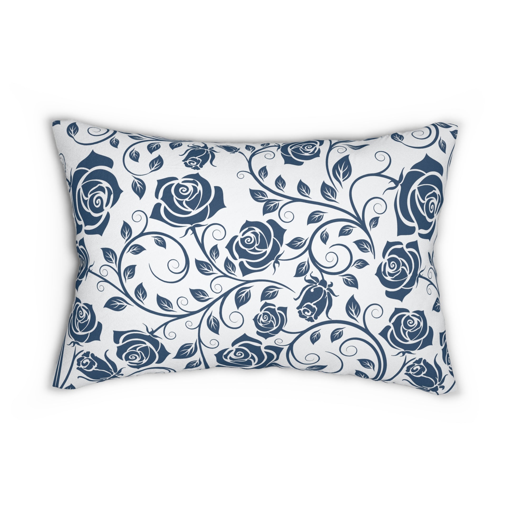 Decorative pillow with blue rose pattern on a white background
