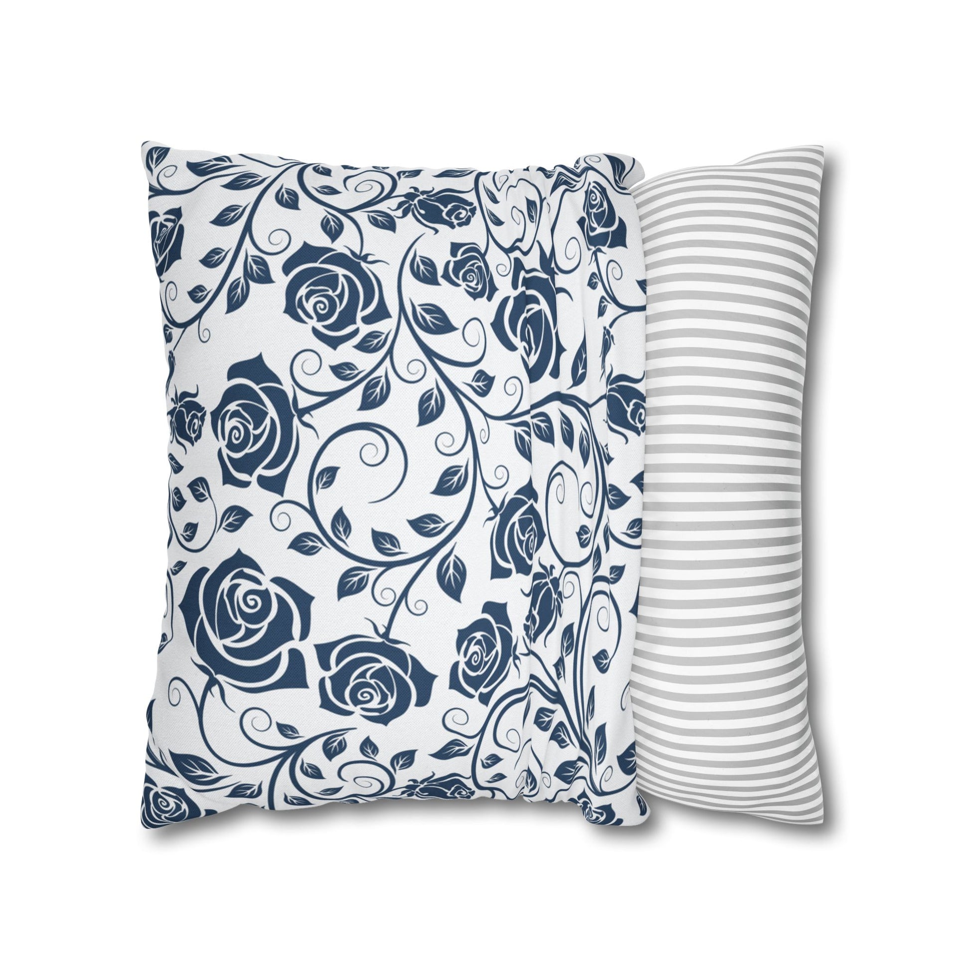 Blue roses patterned square pillow cover on a white background