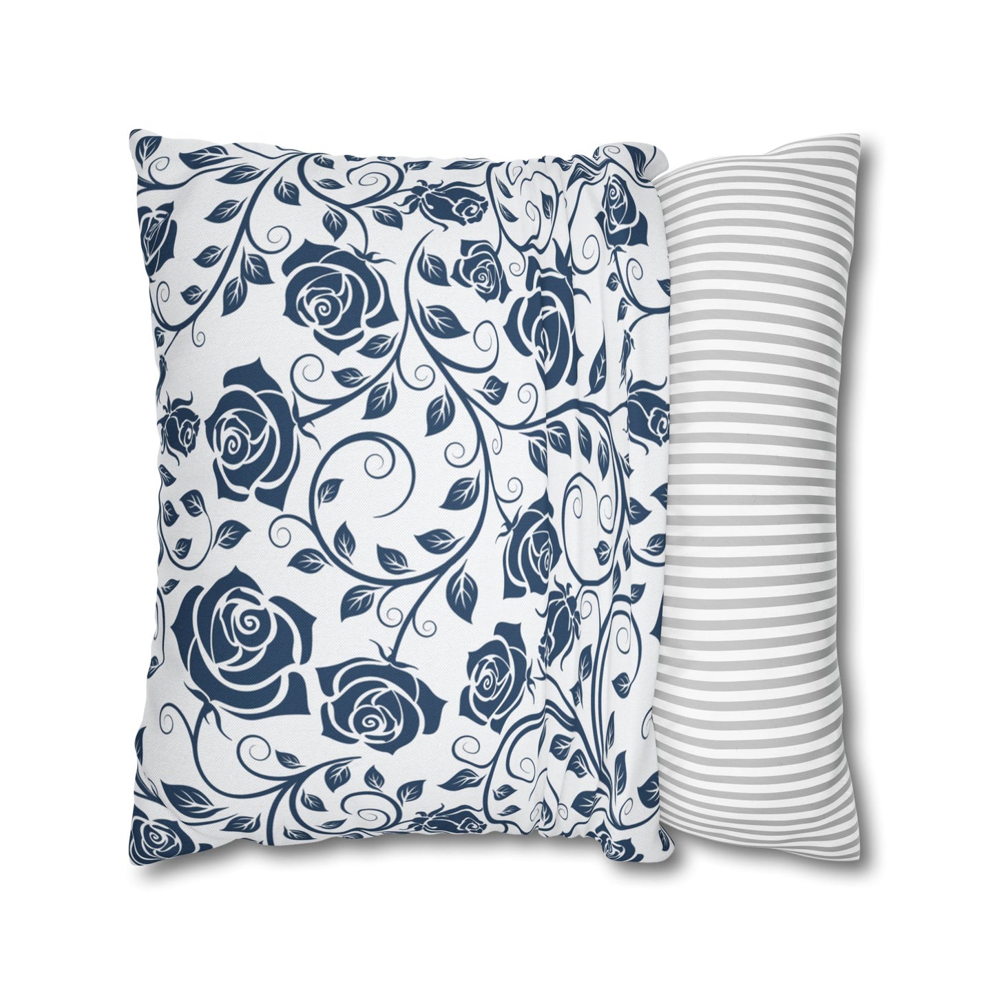 Blue roses pillow cover, on a white background.