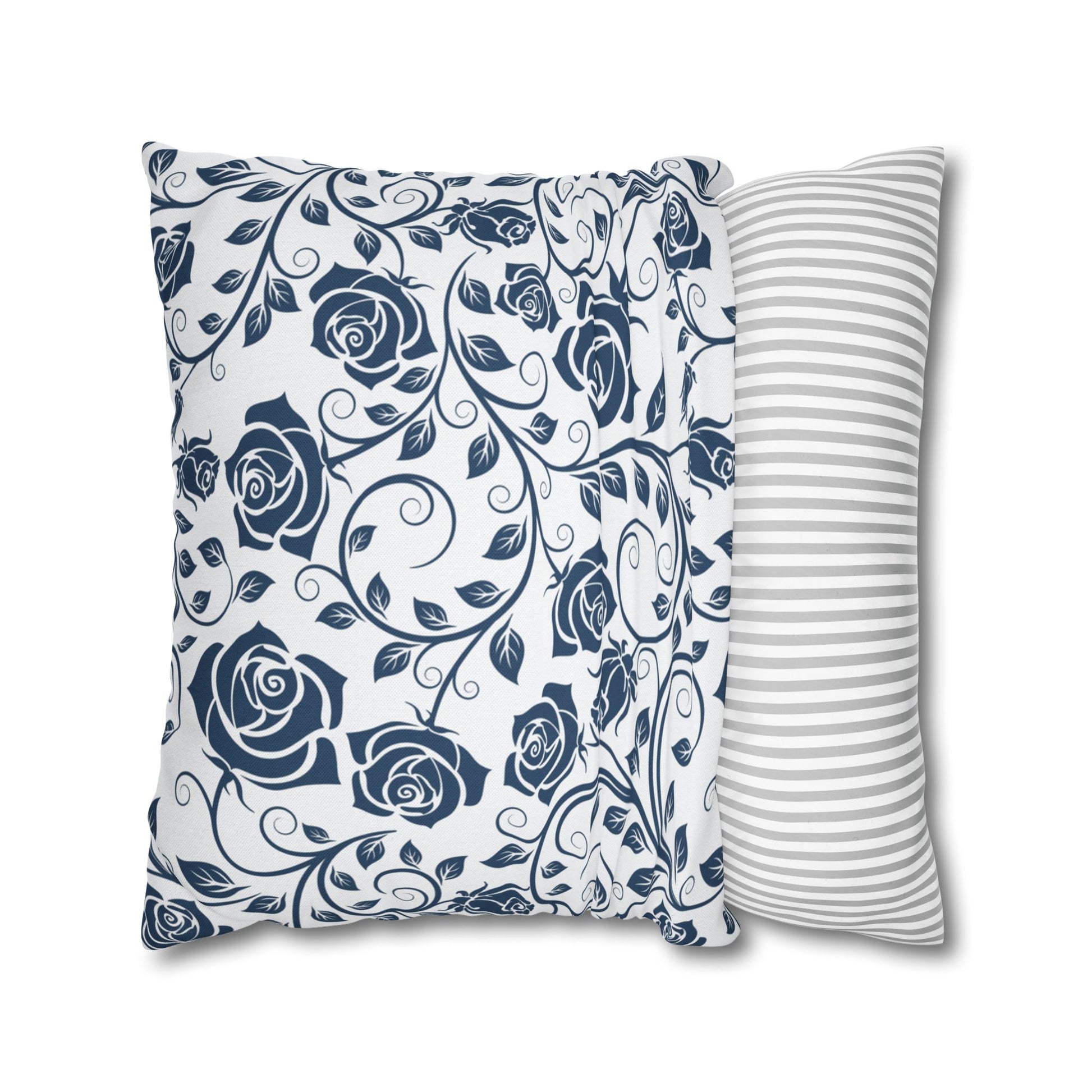 Blue roses pillow cover, on a white background.