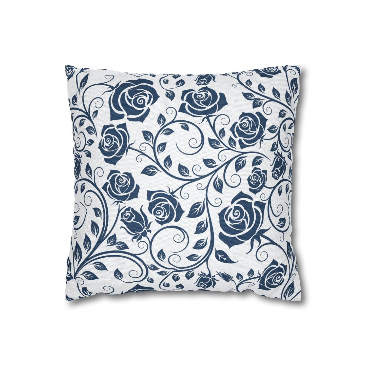 Decorative pillow with blue rose pattern on a white background