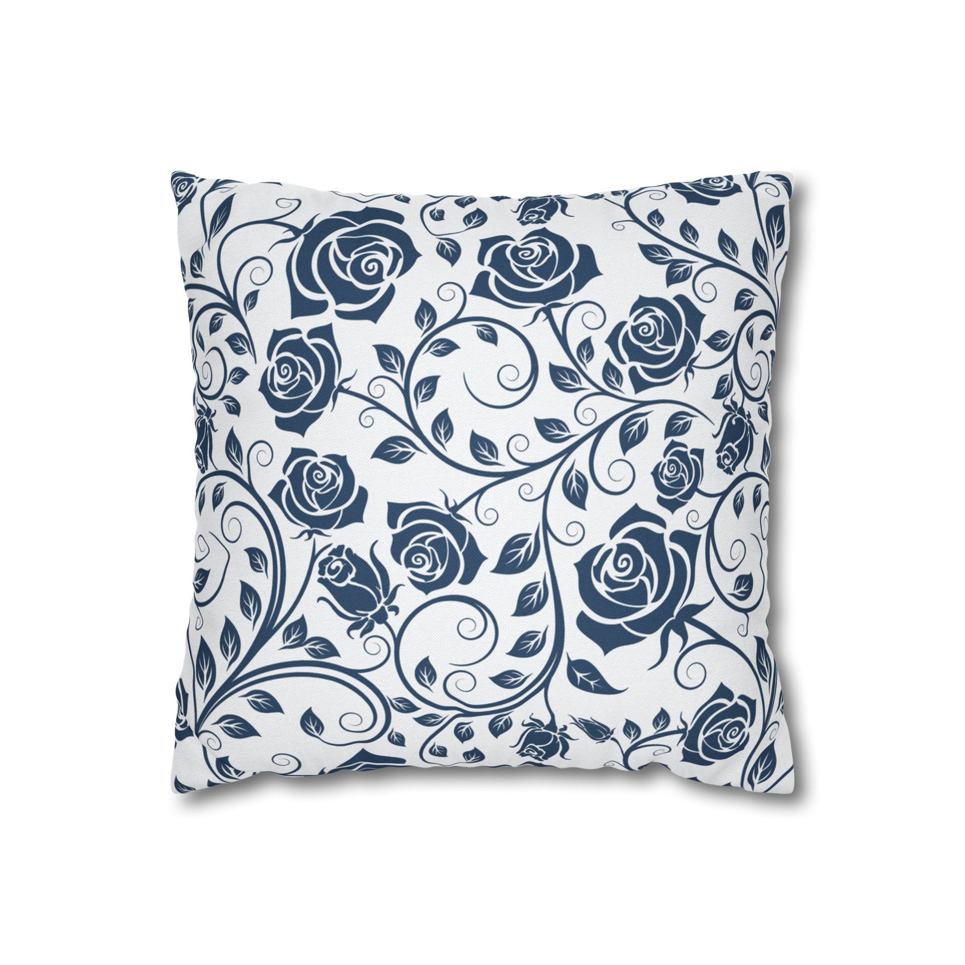 Decorative pillow with blue rose pattern on a white background