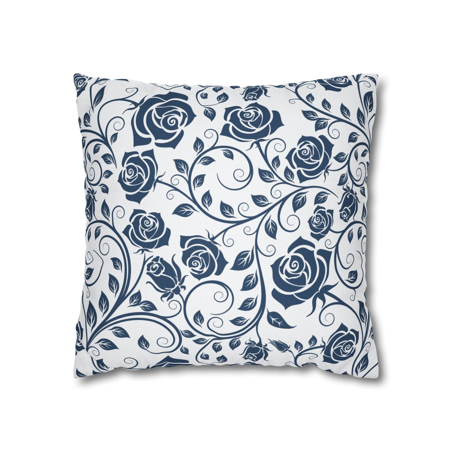 Decorative pillow with blue rose pattern on a white background