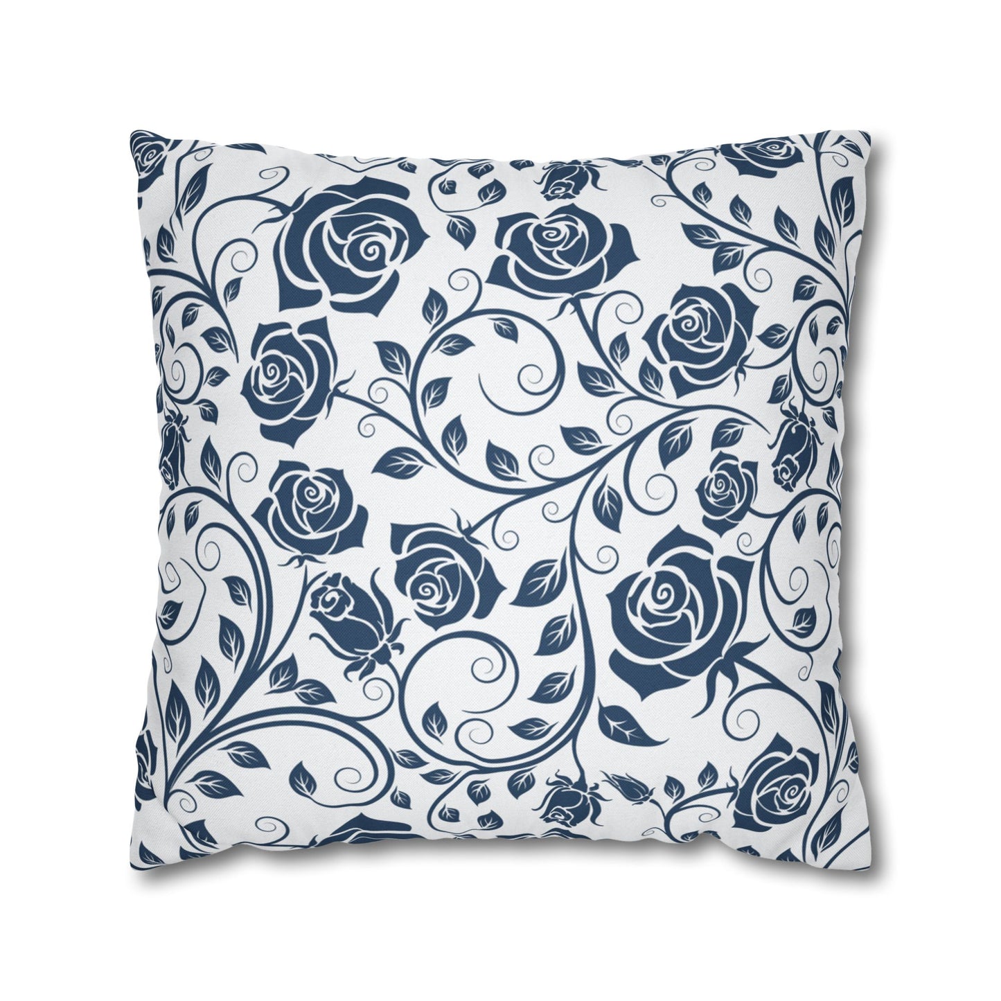 Decorative pillow with blue rose pattern on a white background