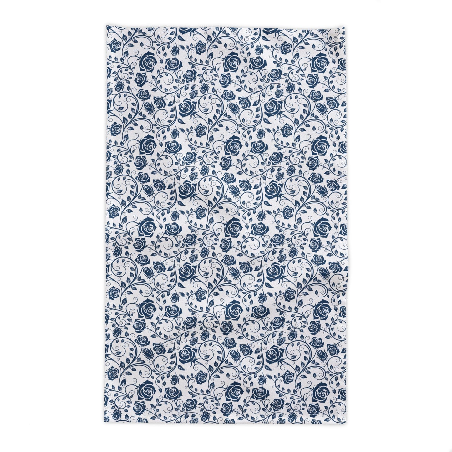 Floral blue and white patterned rectangle tablecloth with blue and white flowers on a white background