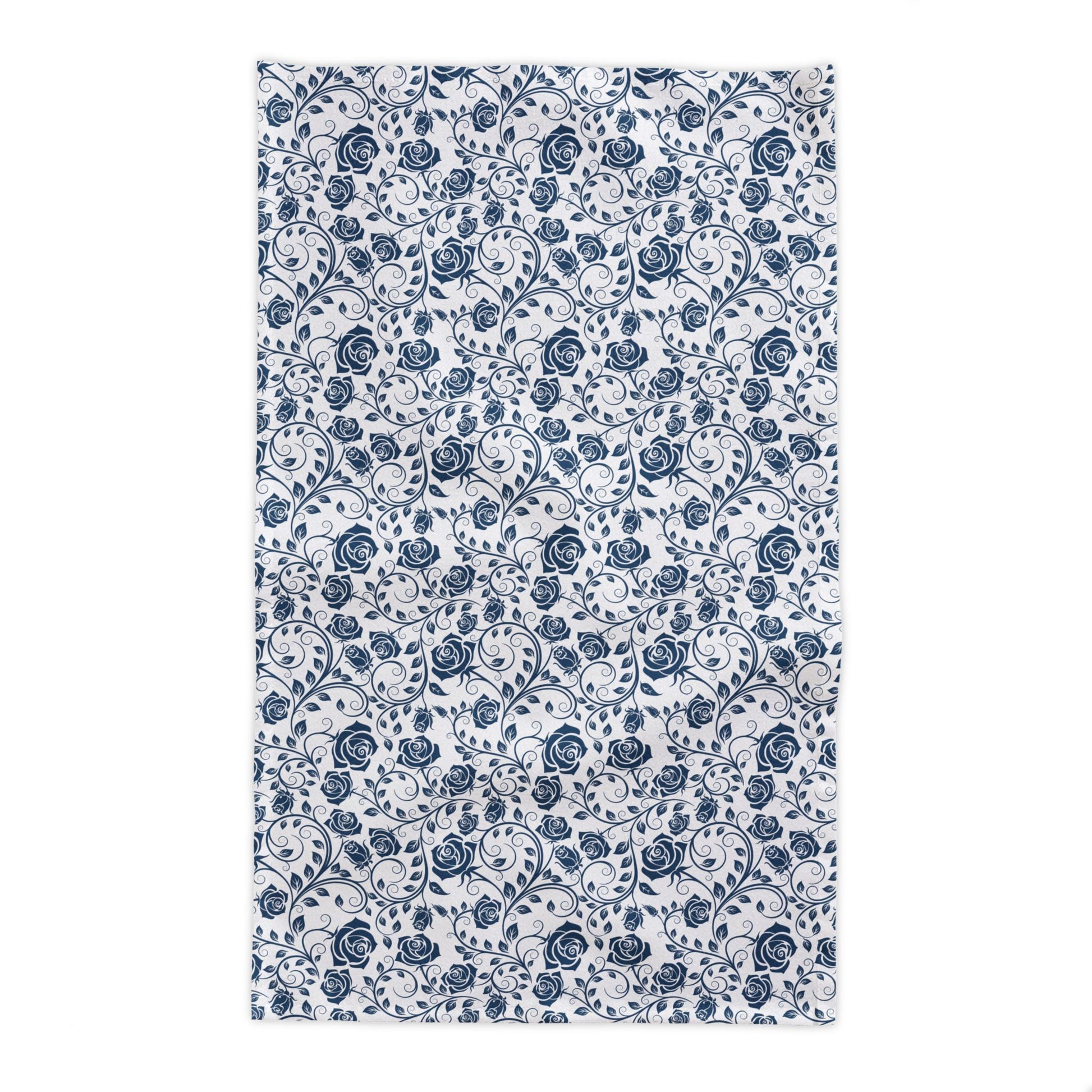 Floral blue and white patterned rectangle tablecloth with blue and white flowers on a white background