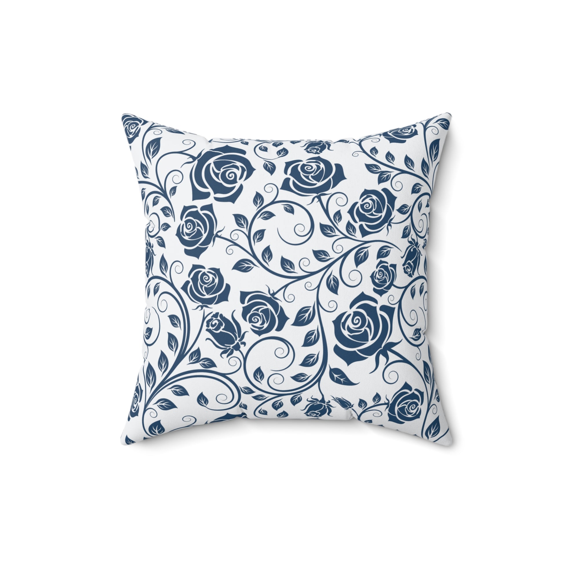 Decorative pillow with blue rose pattern on a white background