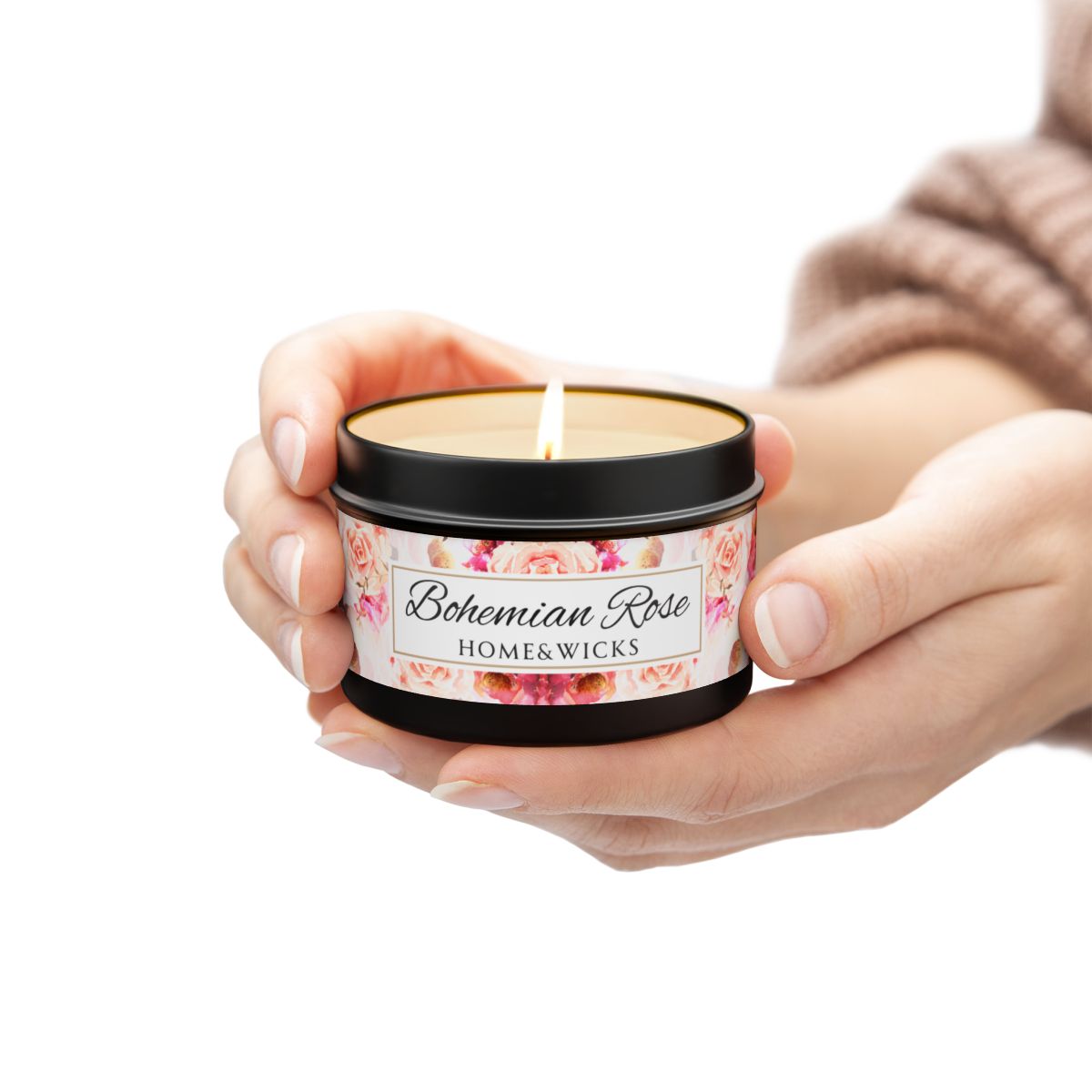 Bohemian Rose Coconut Soy Wax Candle, 4 oz. Black Tin Jar with Lid - Rose Scented Candle, Floral Candle, Valentines Day Gift