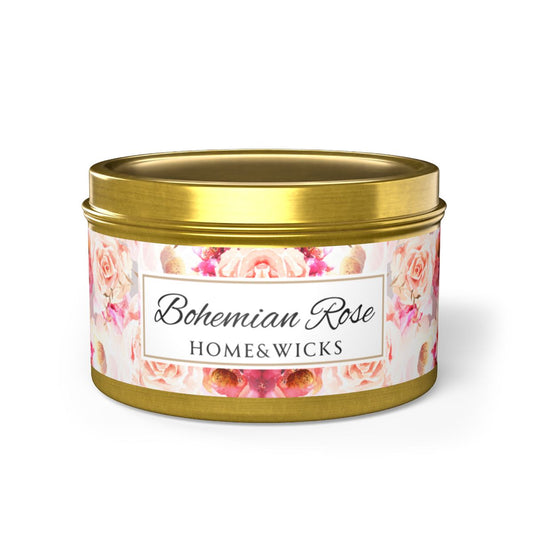 Bohemian Rose Coconut Soy Wax Candle, 8 oz. Gold Tin Jar with Lid - Rose Scented Candle, Floral Candle, Valentines Day Gift