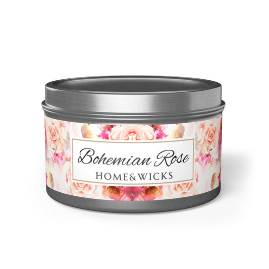 Bohemian Rose Coconut Soy Wax Candle, 8 oz. Silver Tin Jar with Lid - Rose Scented Candle, Floral Candle, Valentines Day Gift