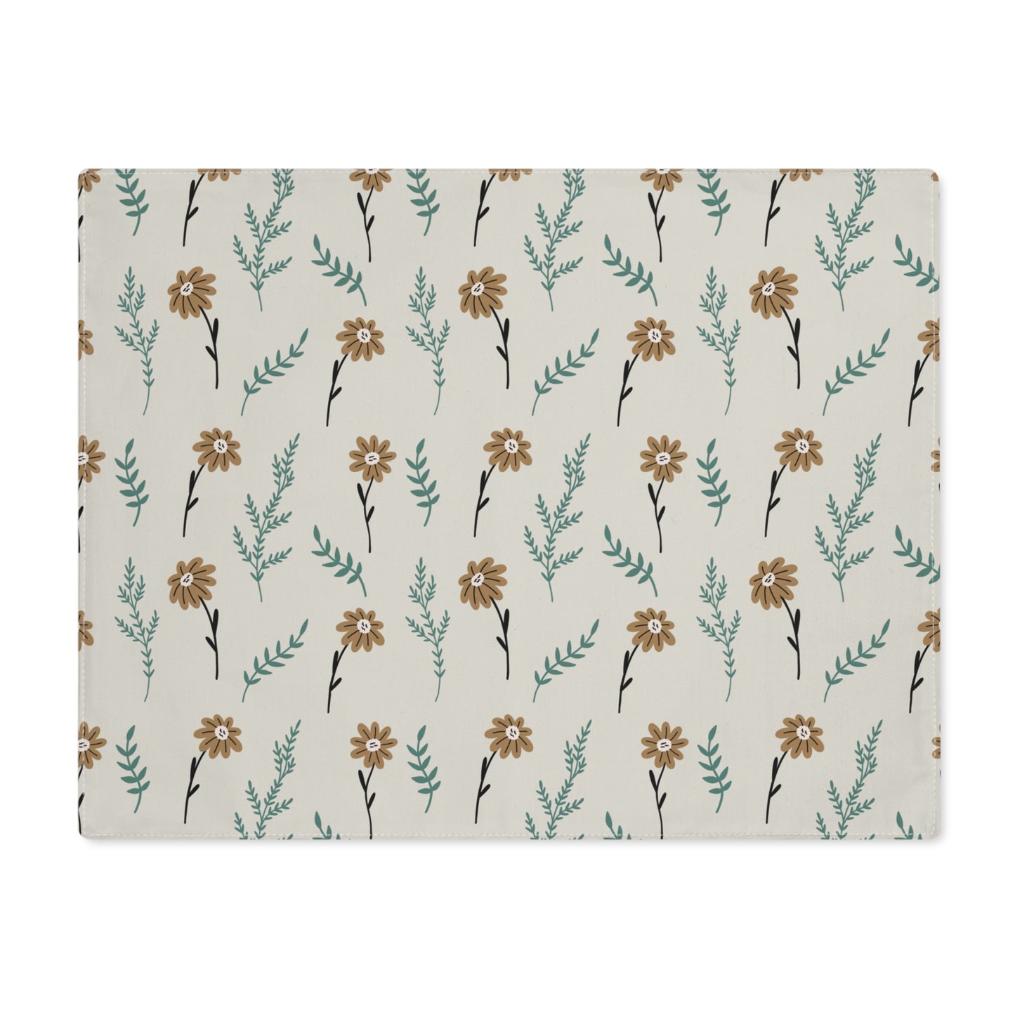 Our Brown Camomile placemat with brown and gray cotton twill fabric with small flowers and leaves on a beige background