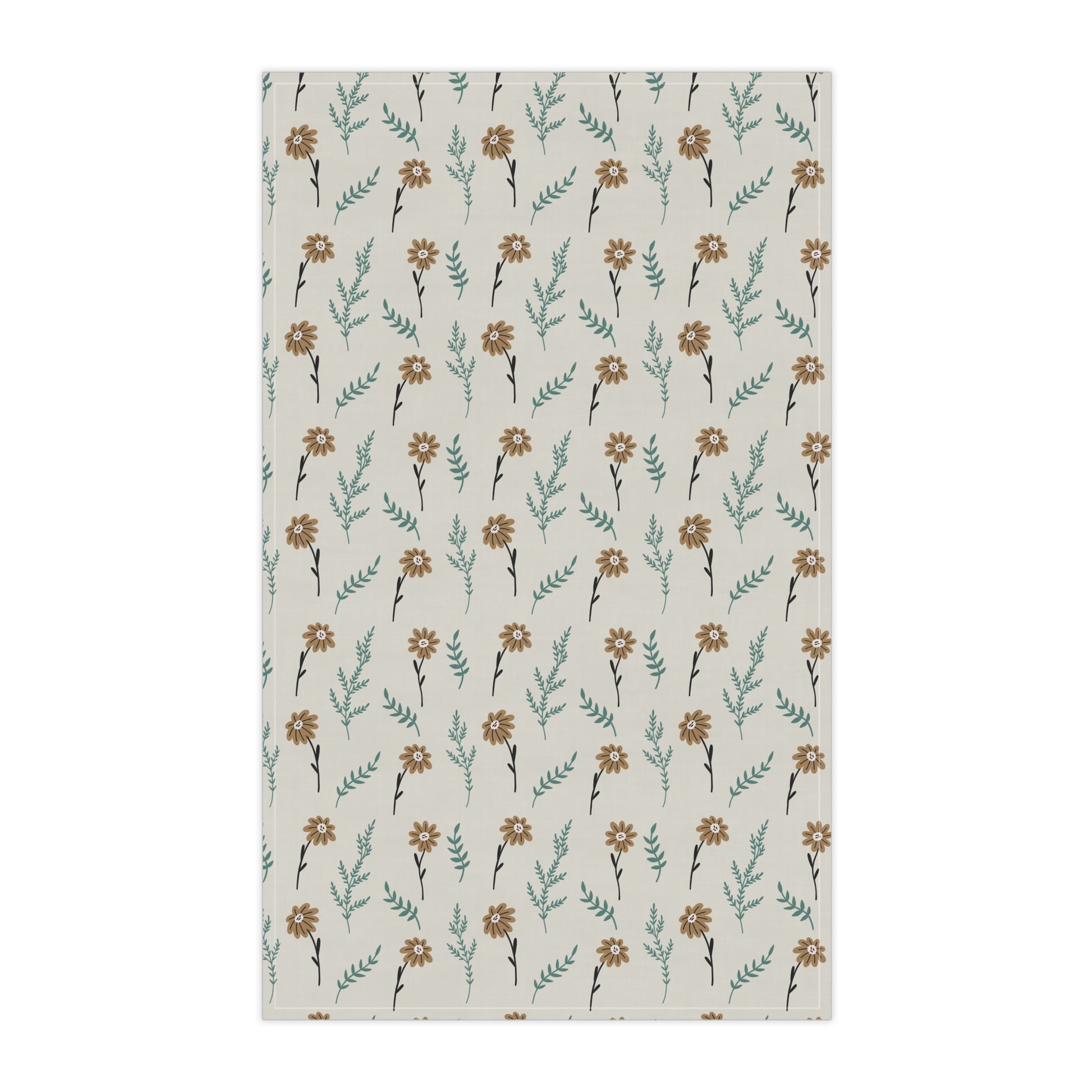 Brown floral patterned kitchen tea towel on a white background