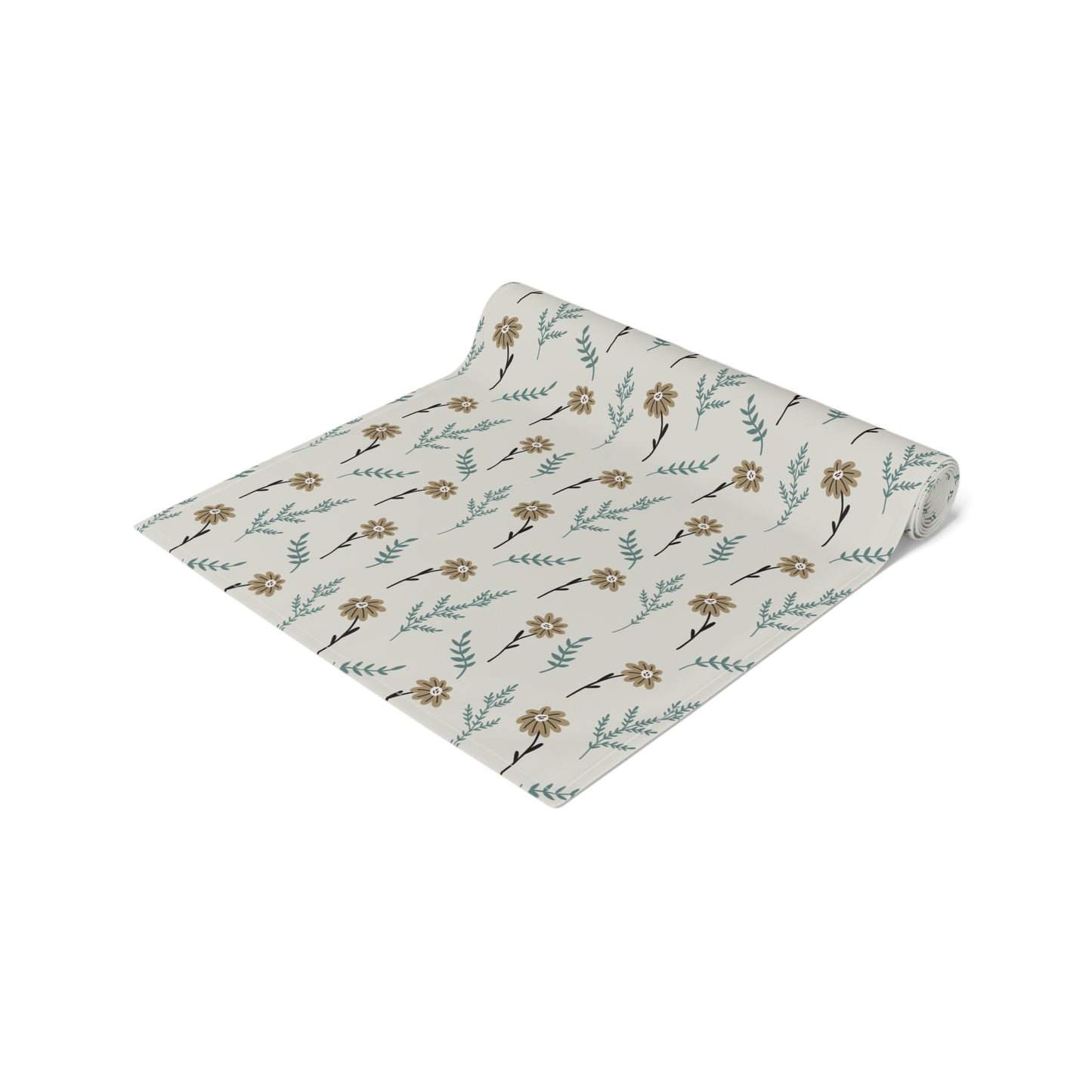 Our Brown Chamomile table runner rolled that has a brown and gray floral-pattern on the table runner fabric on a white background