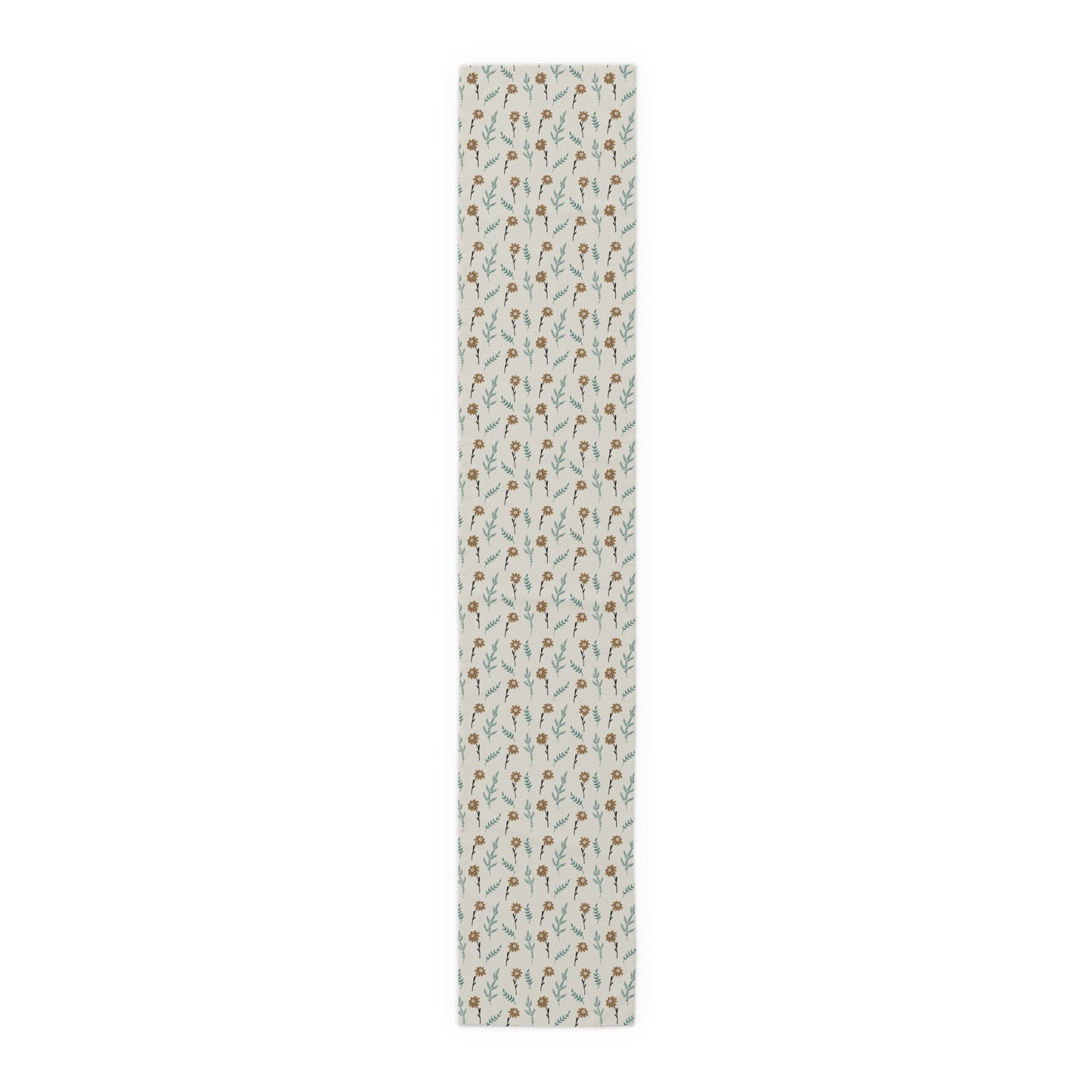 Our polyester 16" x 90" Brown Chamomile table runner that has a brown and gray floral-pattern on the table runner on a white background