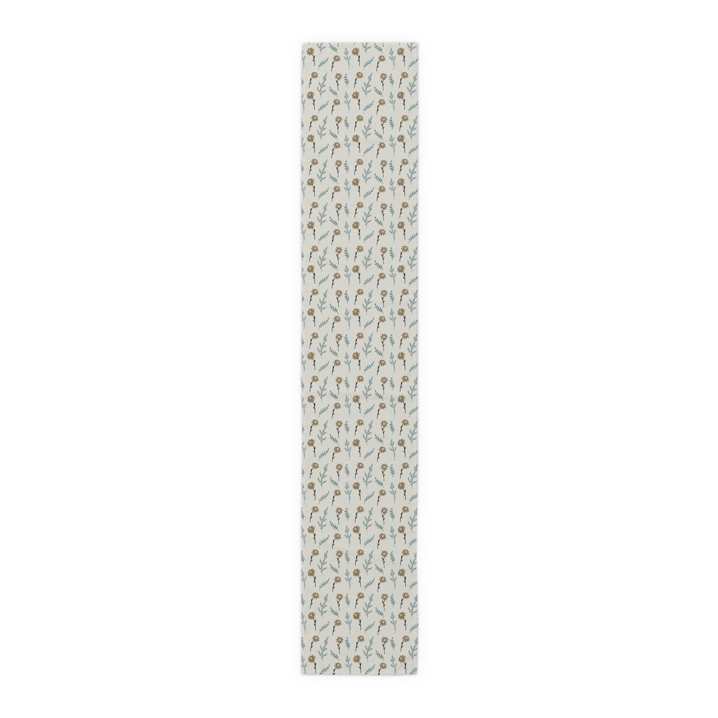 Our cotton twill 16" x 90" Brown Chamomile table runner that has a brown and gray floral-pattern on the table runner on a white background