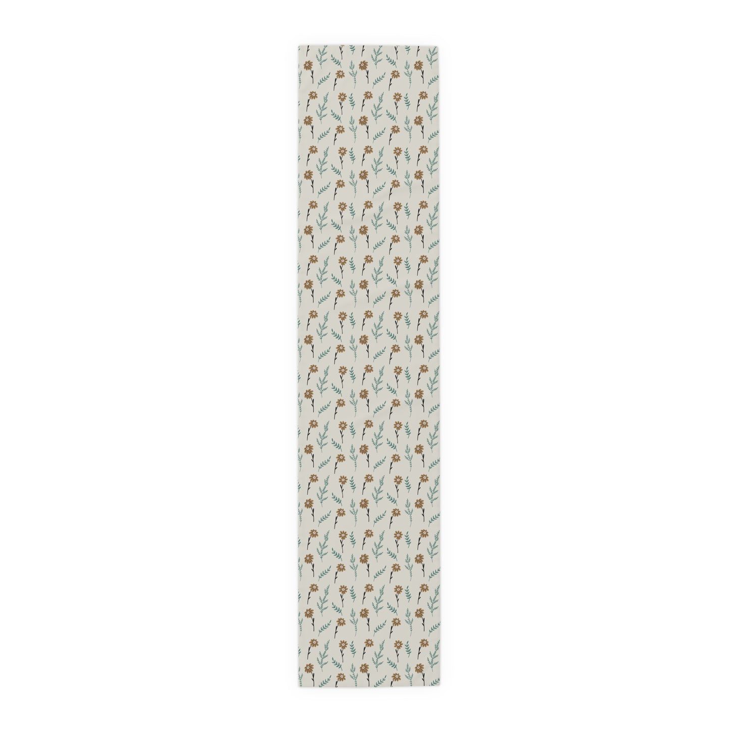 Our polyester 16" x 72 Brown Chamomile table runner that has a brown and gray floral-pattern on the table runner on a white background