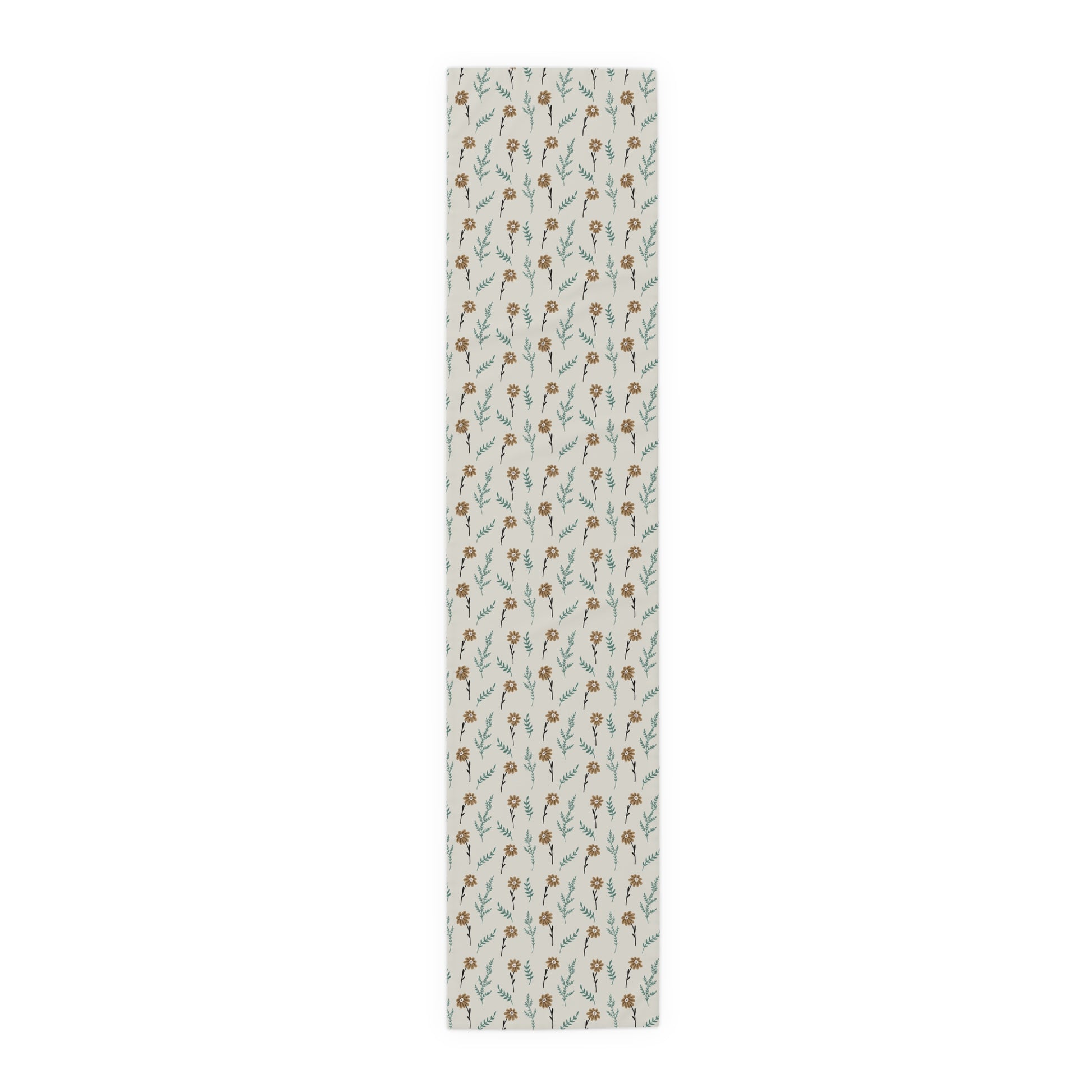 Our polyester 16" x 72 Brown Chamomile table runner that has a brown and gray floral-pattern on the table runner on a white background