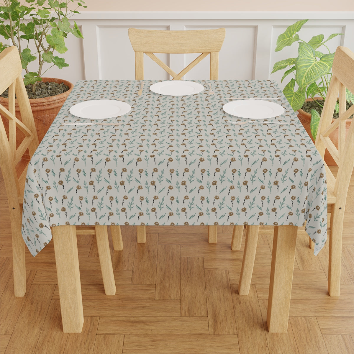 Brown Chamomile Tablecloth, 100% Cotton Twill Tablecloth, 58" × 58" and 58" × 102" Sizes, Vintage Style Tablecloth, Thanksgiving Tablecloth, Fall / Brown Tablecloth, Wedding Table Linen, Birthday Party Tablecloth