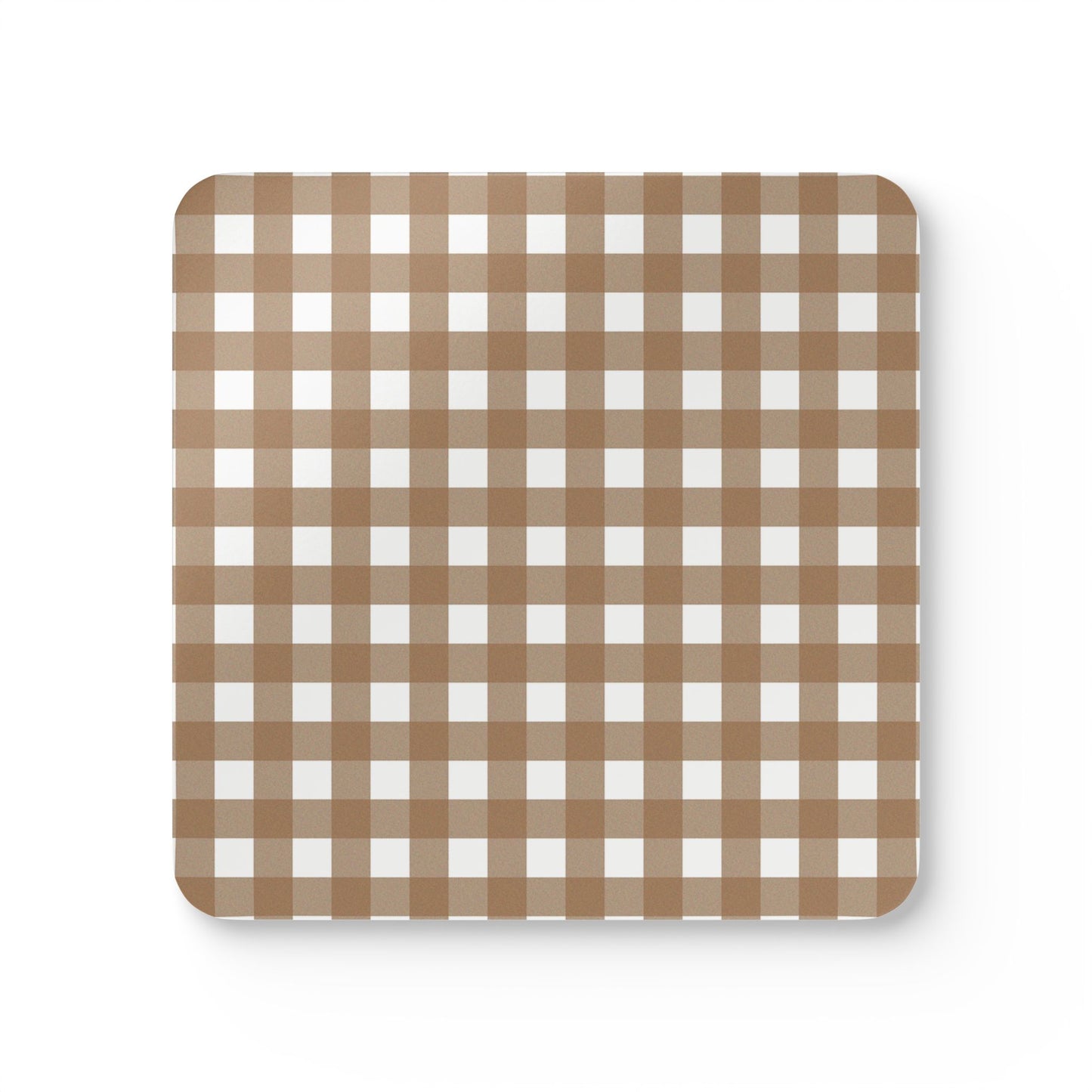 Brown gingham checkered patterned coaster on a white background