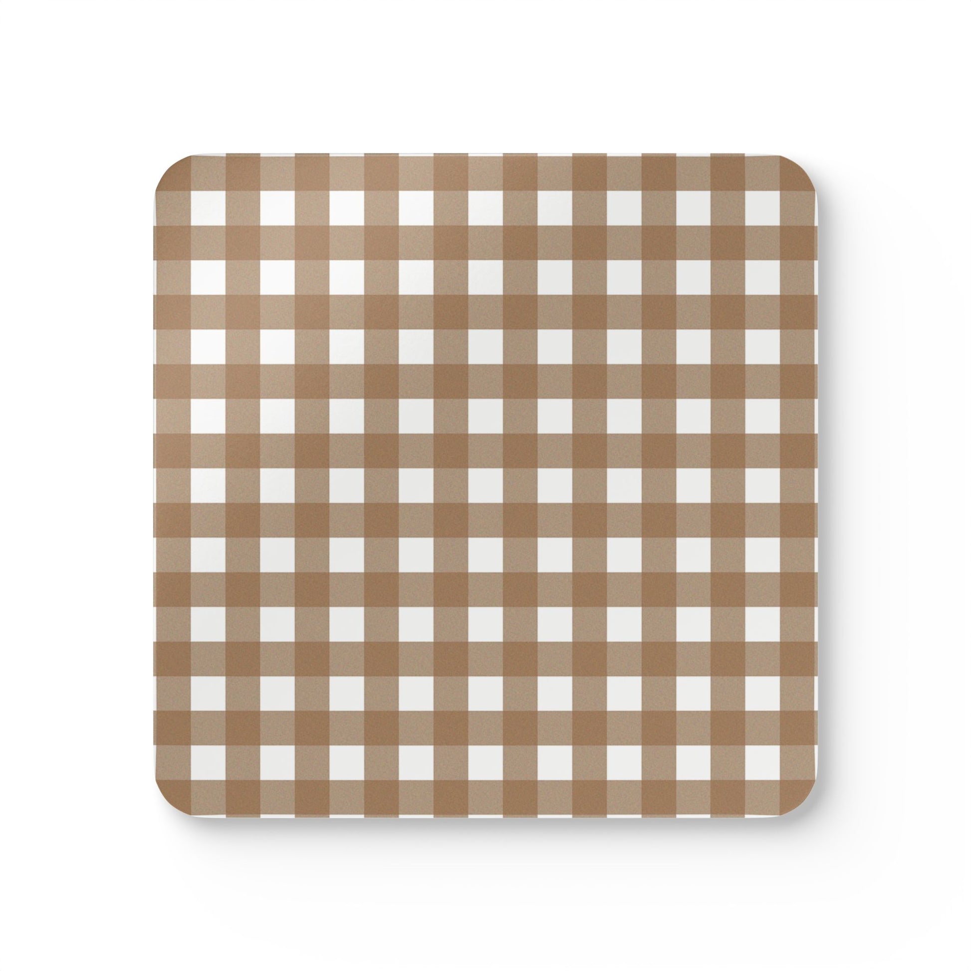 Brown gingham checkered patterned coaster on a white background