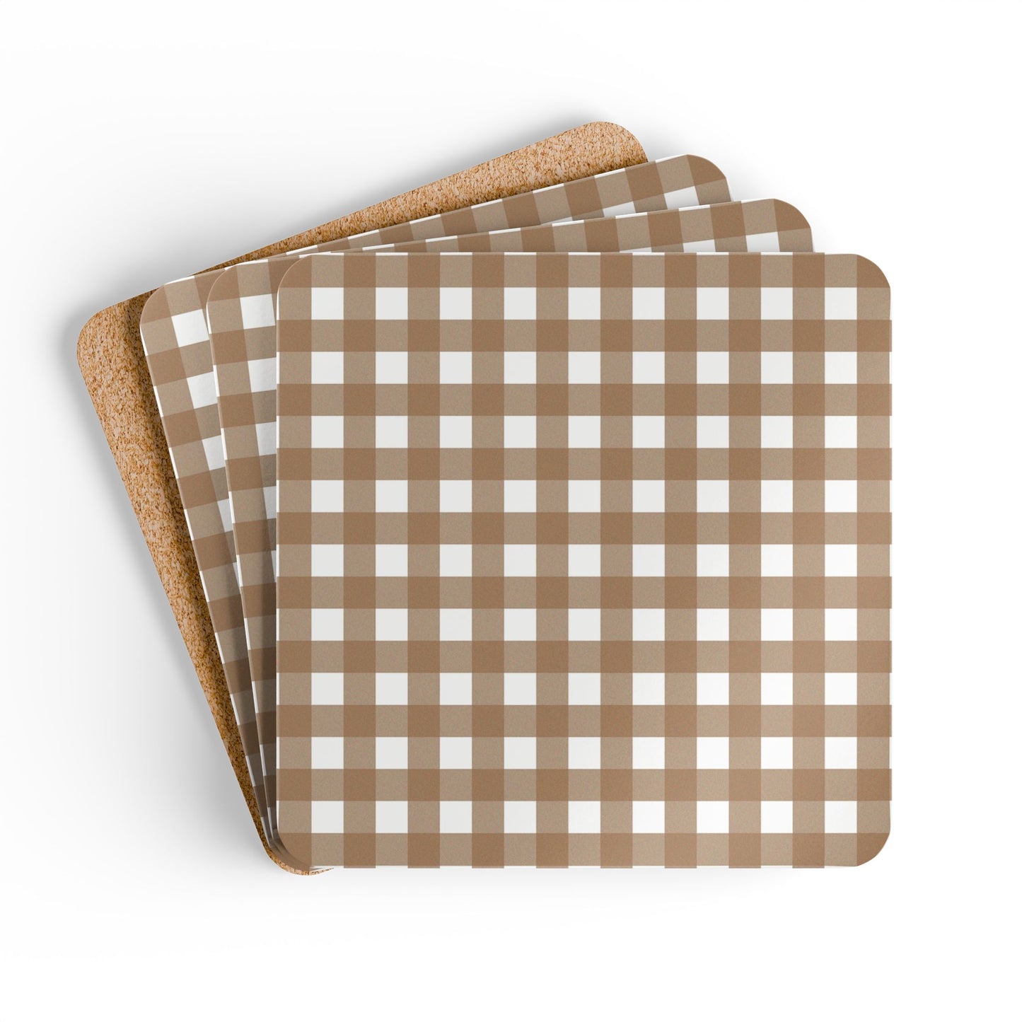 Set of four brown gingham checkered coasters on a white background