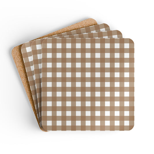Set of four brown gingham checkered coasters on a white background