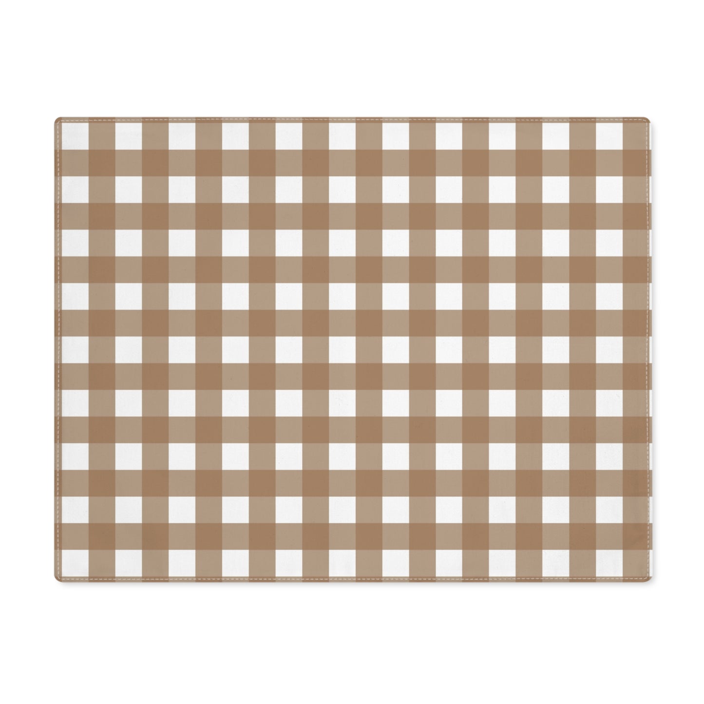 Our Brown Gingham placemat with checkered brown and white pattern on a white background