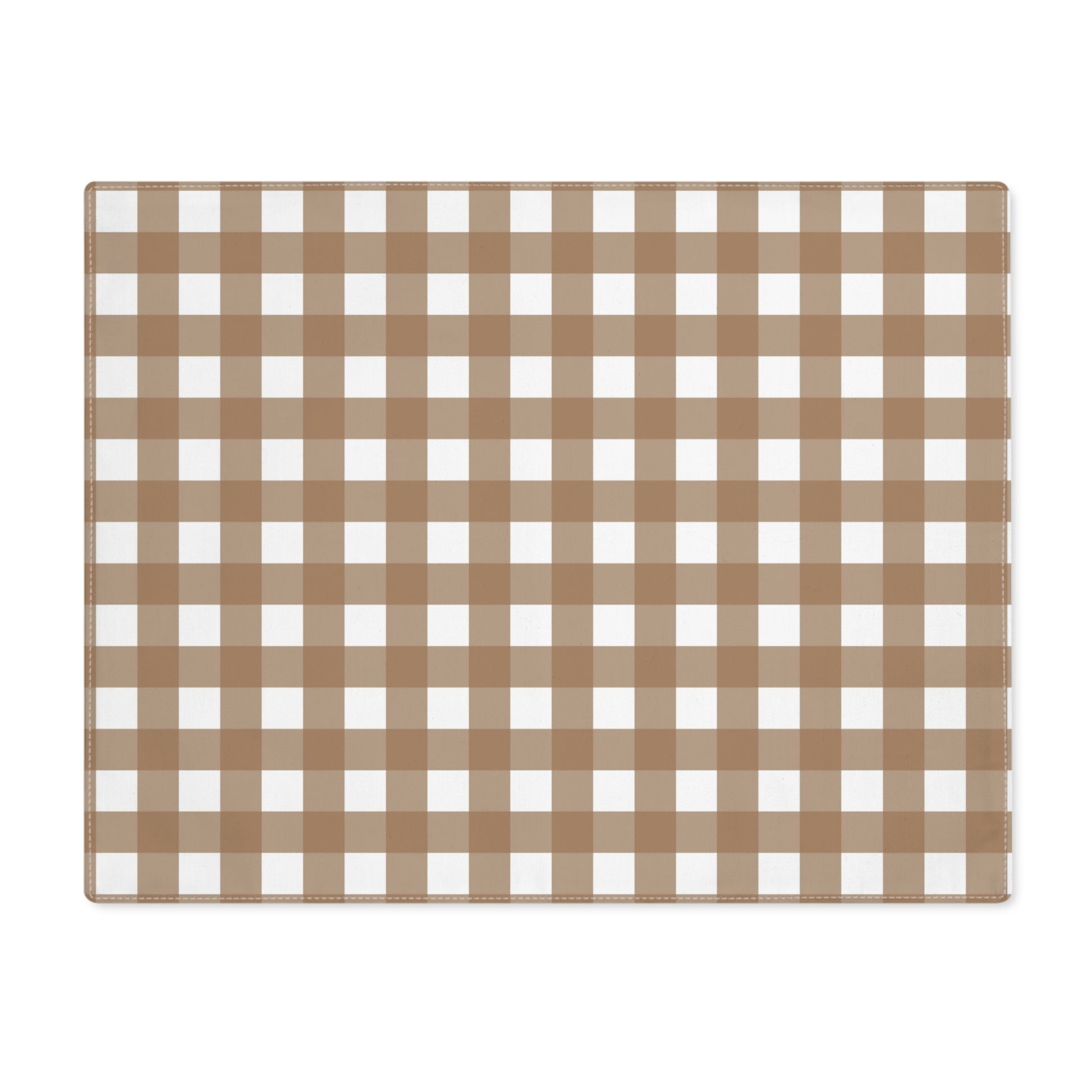 Our Brown Gingham placemat with checkered brown and white pattern on a white background